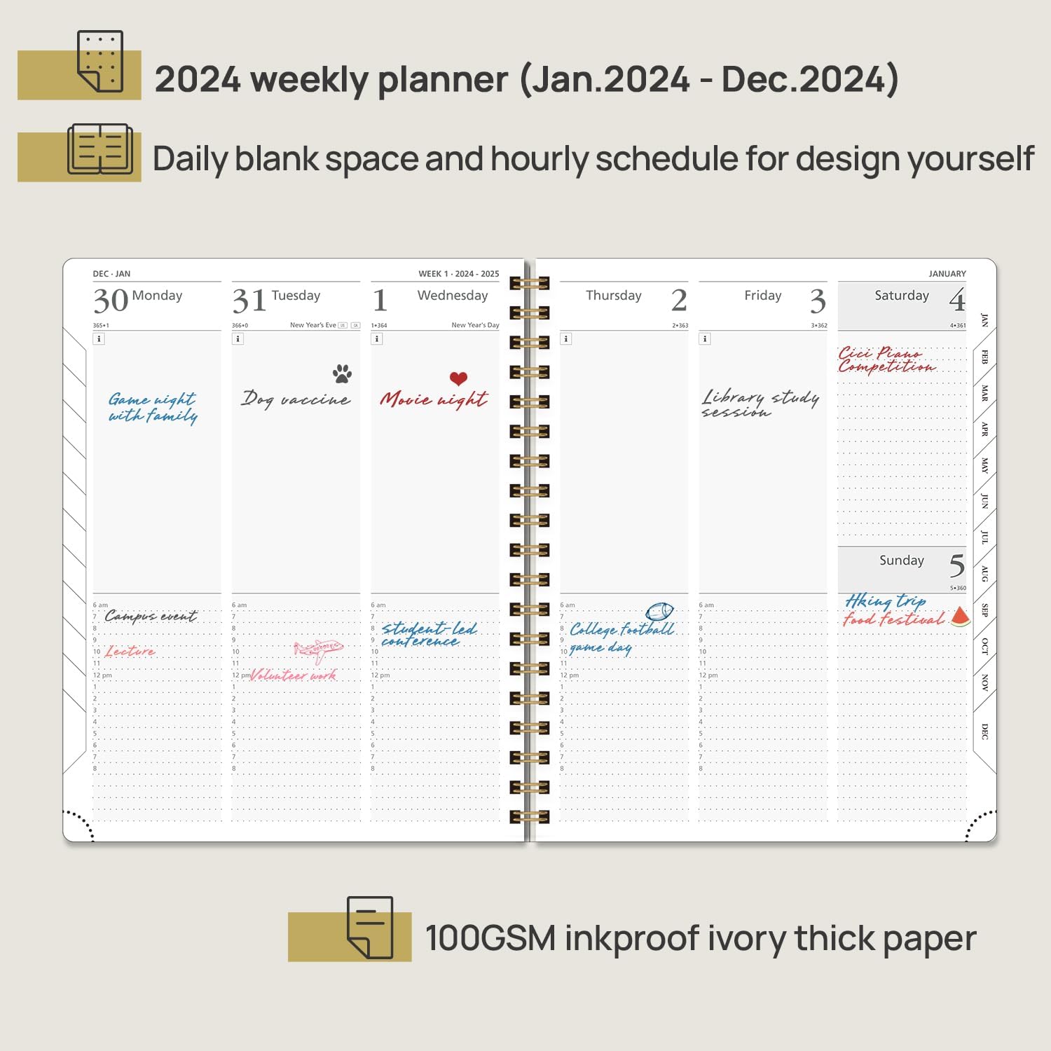 POPRUN – Agenda 2024 diaria, semanal y mensual de 10 x 8 pulgadas, agenda vertical 2024 con programación por horas, pestañas y calendarios,