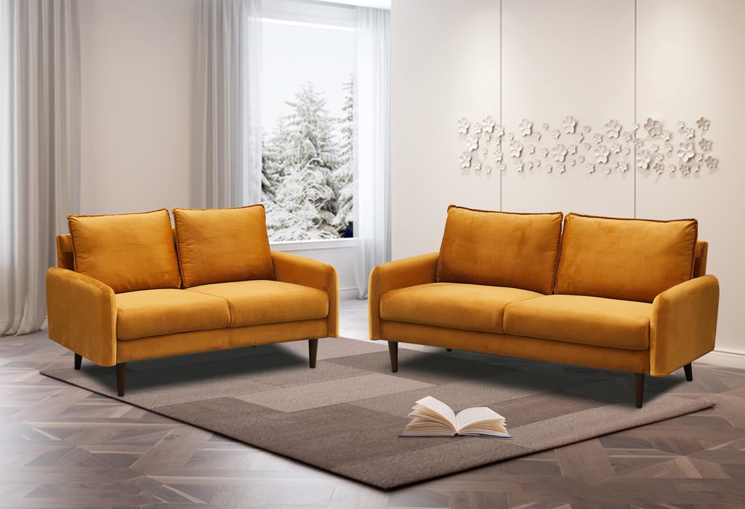 Sofá de terciopelo Sofá moderno de mediados de siglo con patas de madera para sala de estar – Jengibre