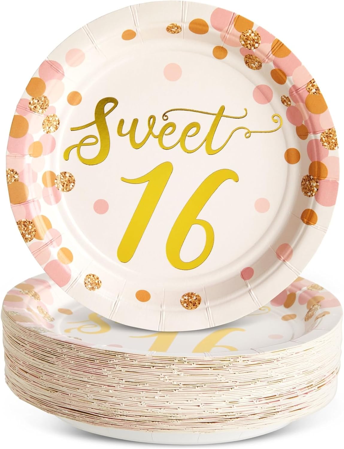 Paquete de 48 platos de papel de fiesta Sweet 16, suministros de oro rosa para cumpleaños número 16 (7 pulgadas)