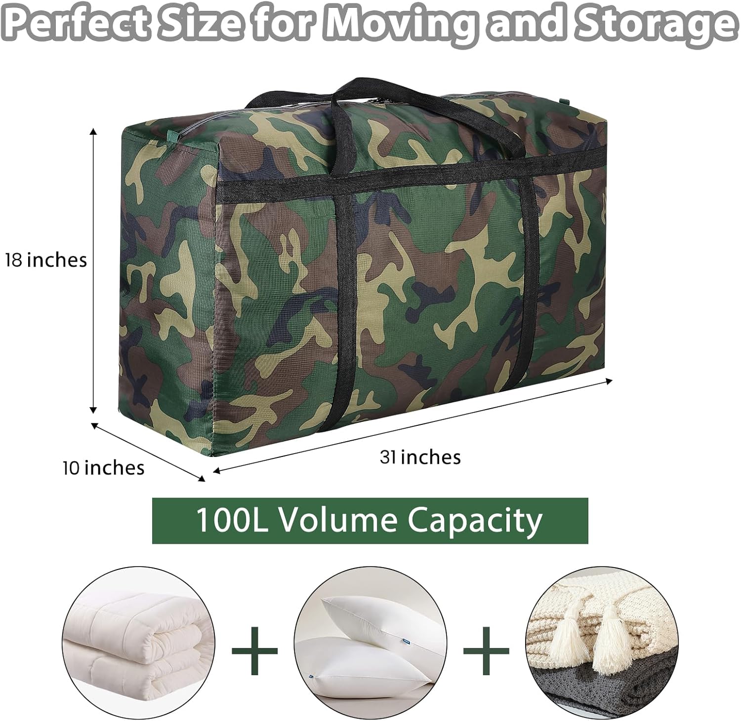 2 paquetes de bolsas de mudanza extra grandes de camuflaje de 100 L, bolsas de almacenamiento resistentes, asas envolventes de tela Oxford 600D,