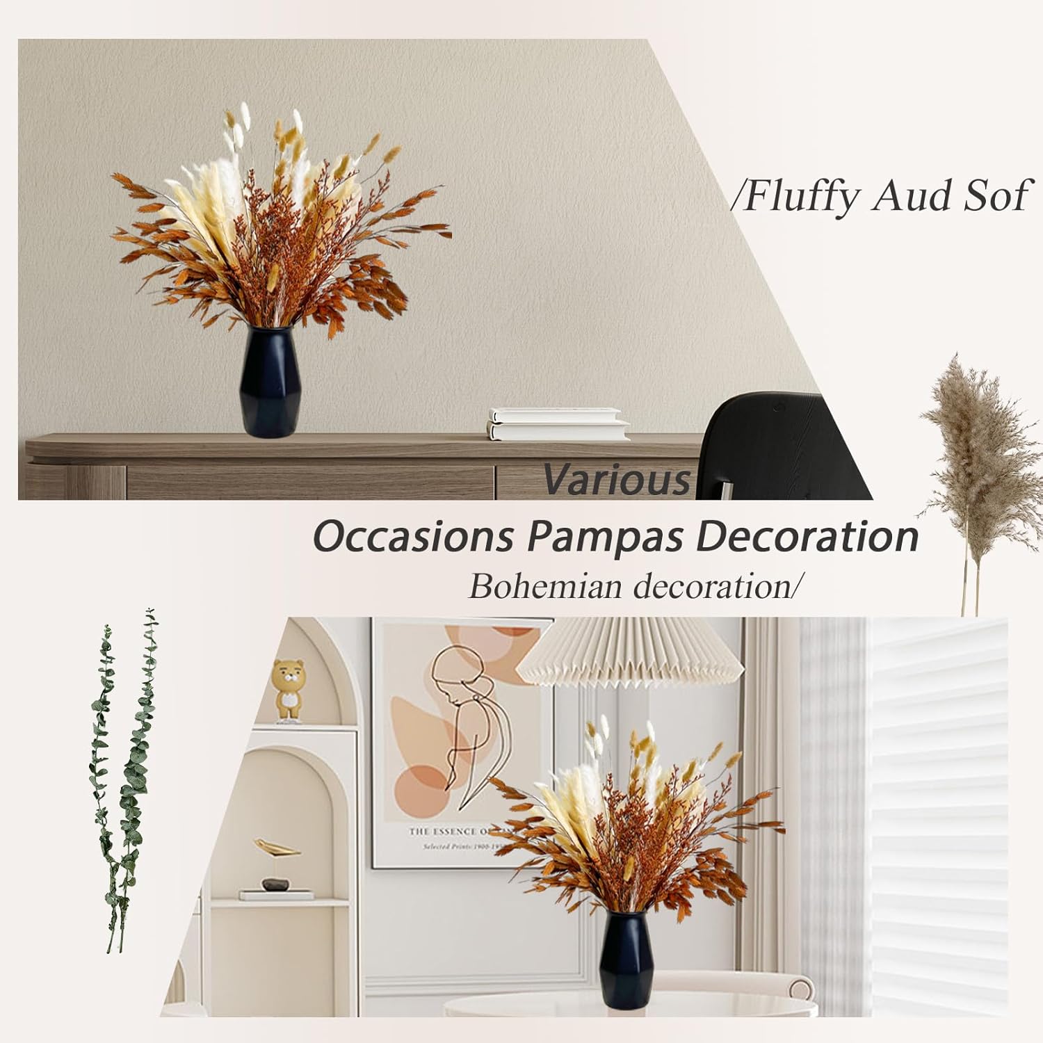 99 piezas de hierba seca de las pampas boho, decoración del hogar, flores secas naturales, hierba de pampa, cola de conejo, ramas de hierba pomposa,