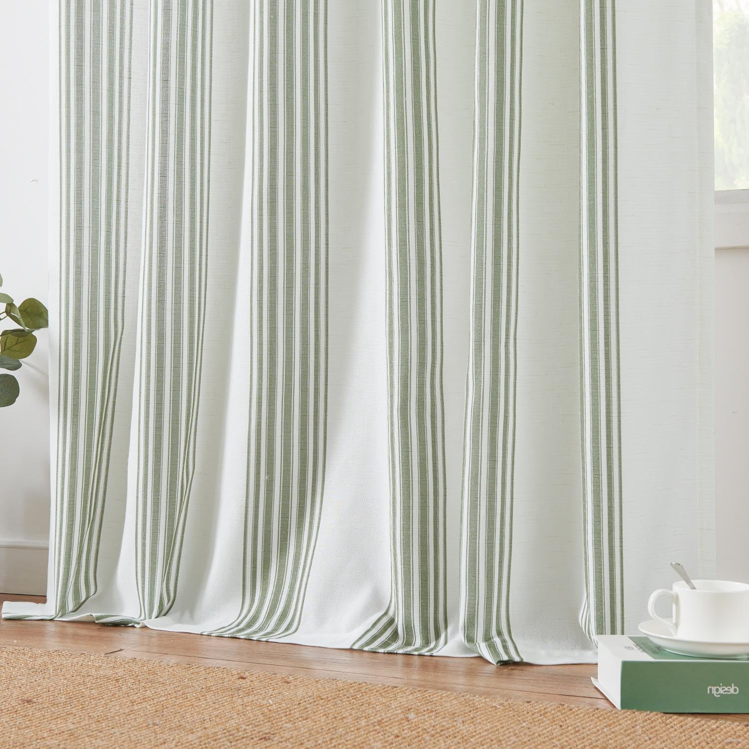 jinchan Cortinas de lino a rayas de 84 pulgadas de largo para sala de estar, cortinas de rayas verde salvia, cortinas semitransparentes con pestaña
