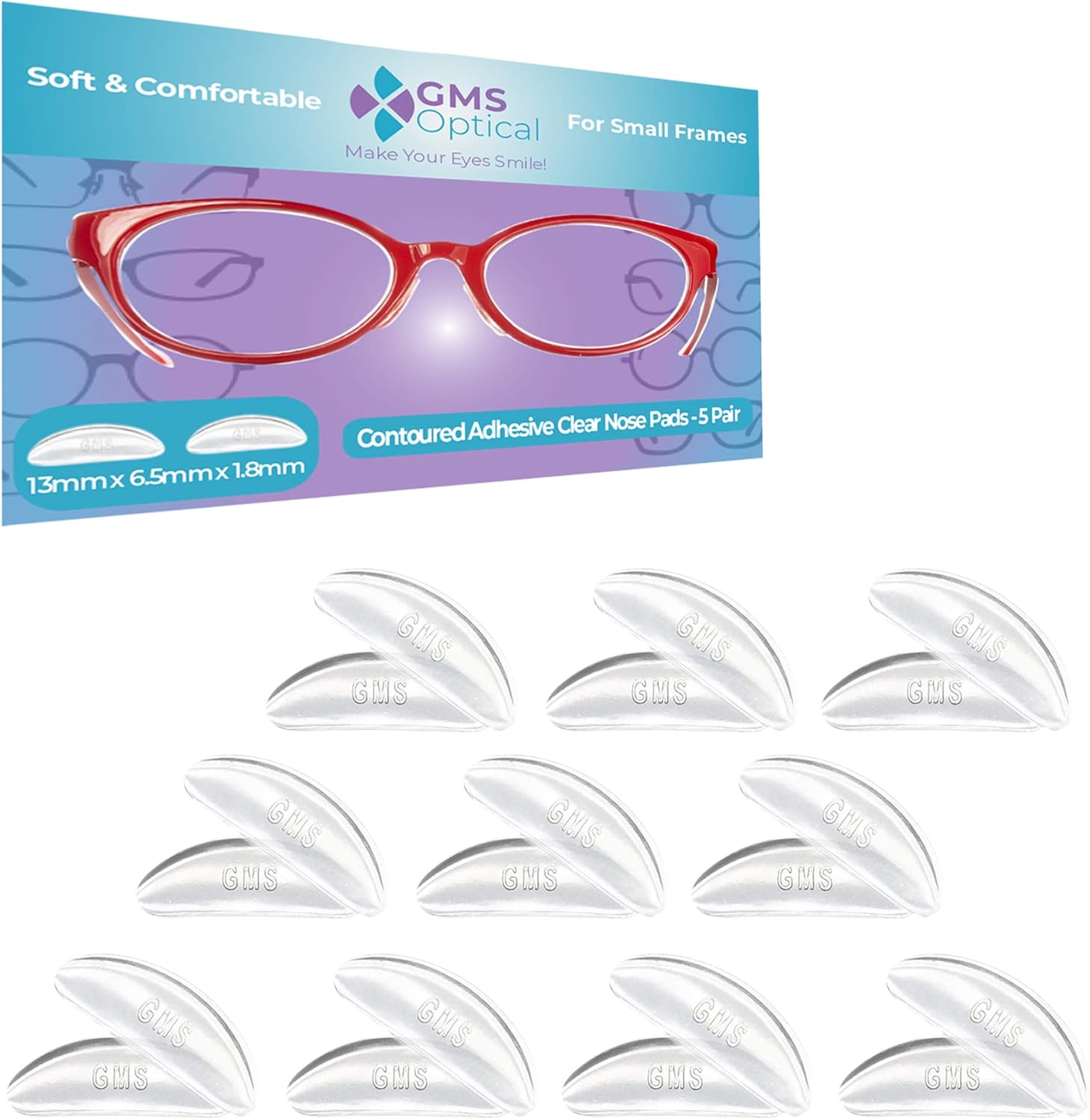 GMS Optical Almohadillas de nariz de silicona contorneadas con adhesivo para niños, antideslizantes y alivio de presión, perfectas para gafas de