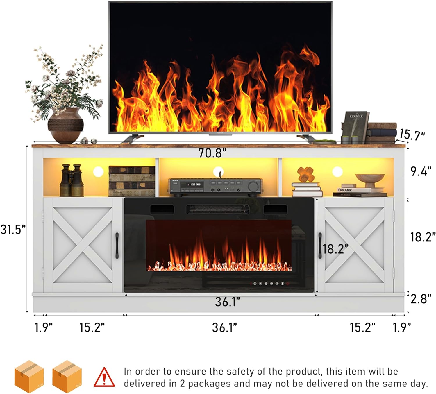 Soporte de TV con chimenea de granja para TV de 707580 pulgadas, centro de entretenimiento de 32 pulgadas de alto con chimenea eléctrica de 36