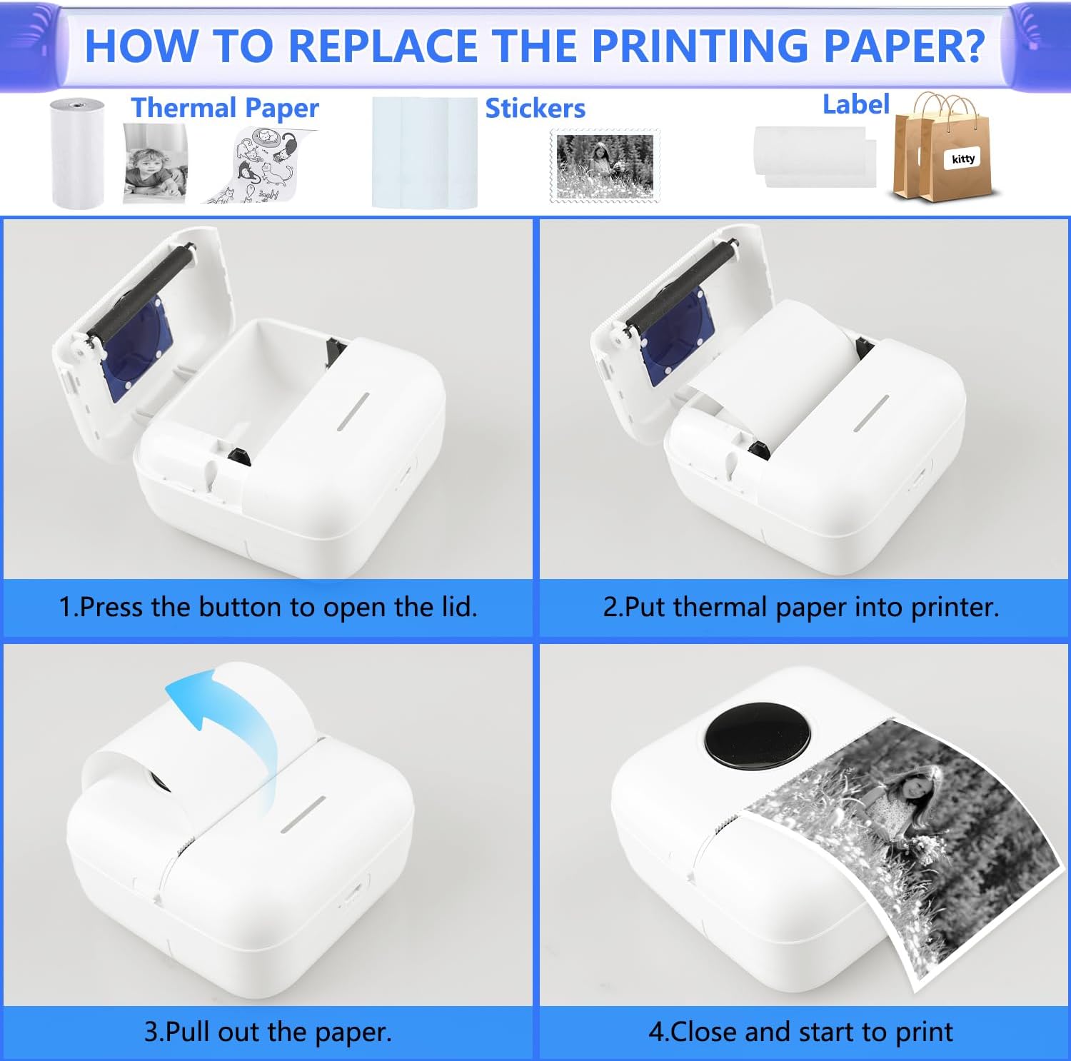 Mini impresora portátil, mini impresora de calcomanías Bluetooth, impresora térmica inteligente sin tinta de bolsillo para iOS y Android, impresora