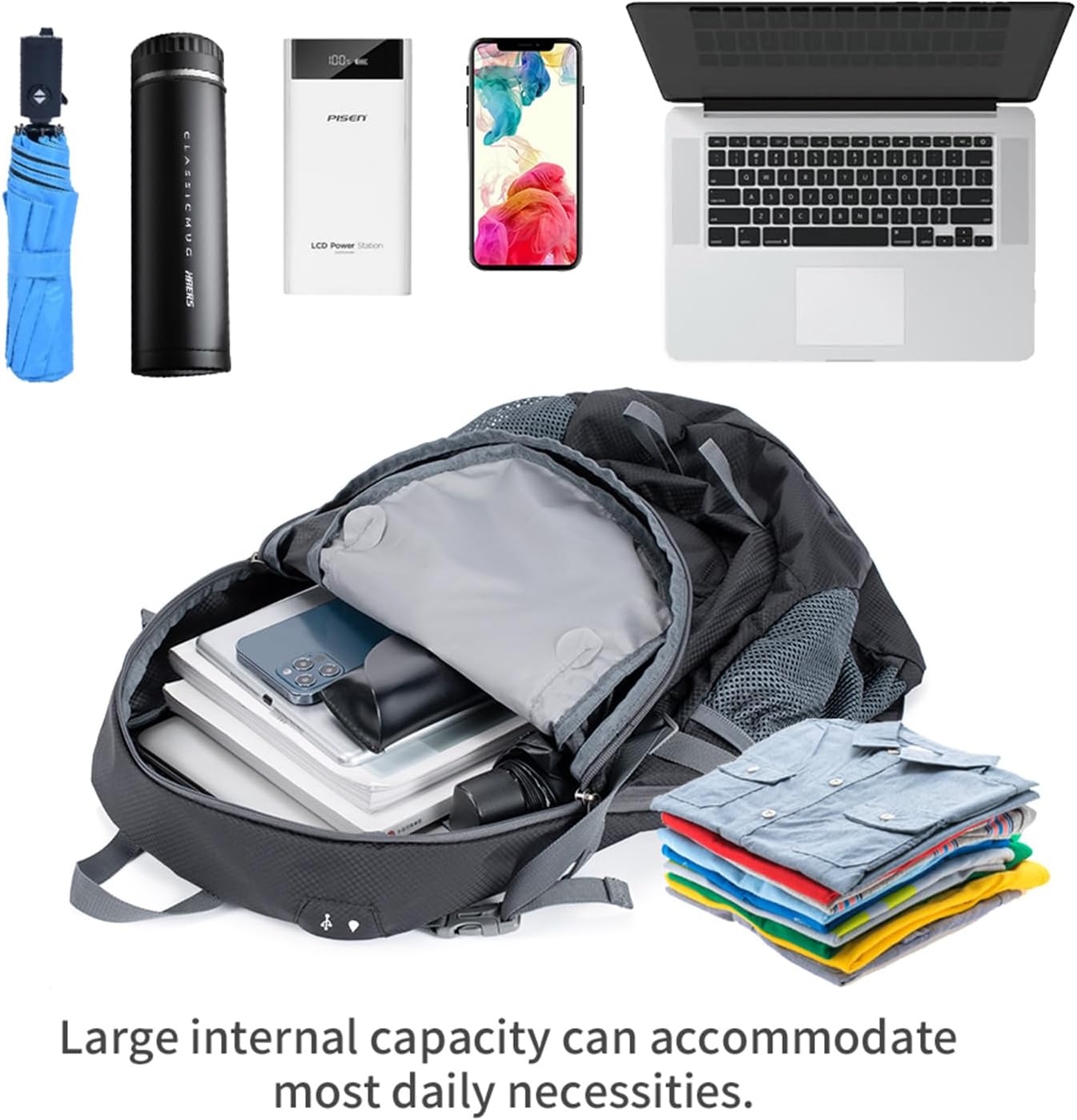 NODLAND – Mochila ligera y plegable para senderismo, 45L, resistente al agua, mochila de hidratación, Negro -, Mochilas Daypack