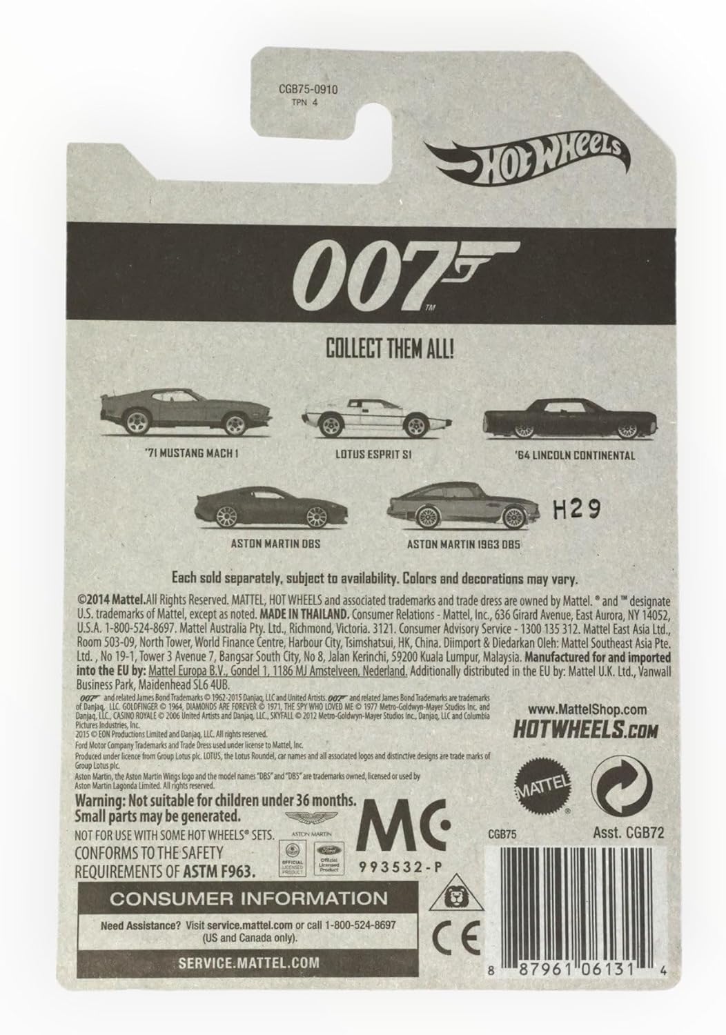 Hot Wheels, 2015 James Bond 007, Goldfinger ’64 Lincoln Continental Negro 35