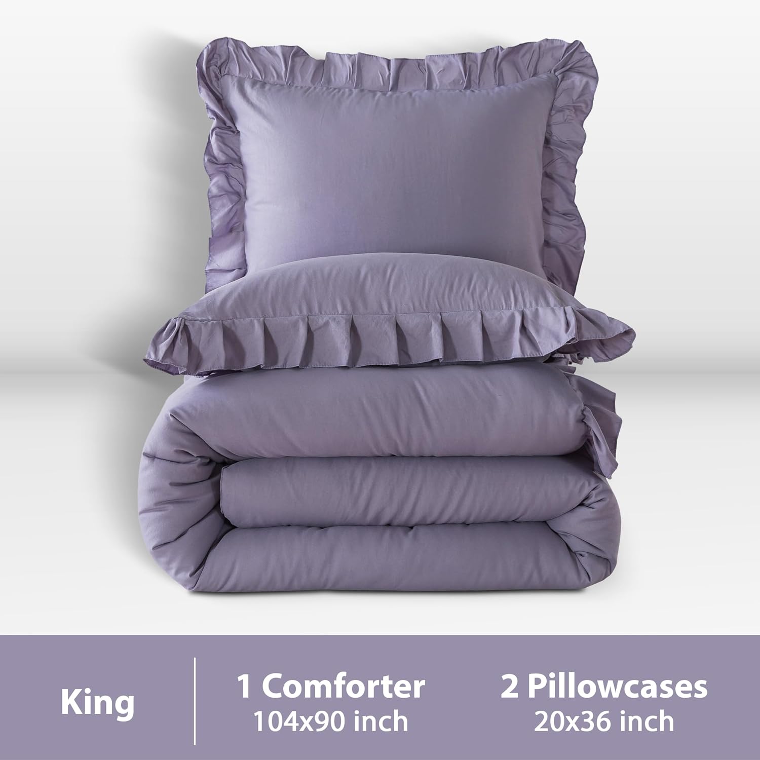 Andency – Juego de edredón morado lavanda grisáceo tamaño King, 3 piezas, ropa de cama de microfibra con volantes, unicolor, ligera, esponjosa y