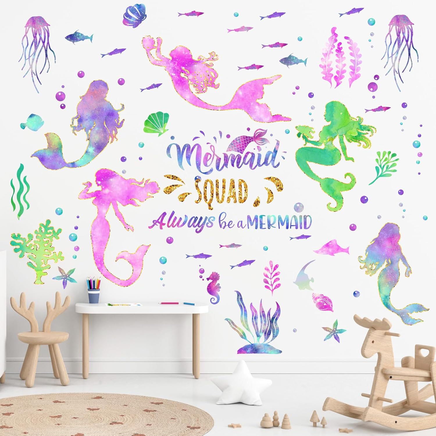 2 hojas de calcomanías de pared grandes de sirena con purpurina para niñas, calcomanías de pared de sirena para dormitorio, impermeable, decoración