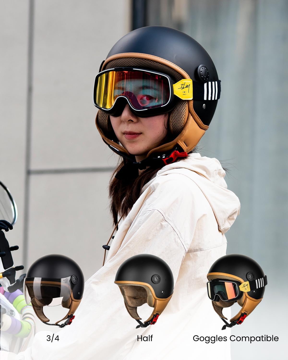 ILM Casco de motocicleta de cara abierta 34 para mujeres y hombres, casco retro para ciclomotor, scooter, crucero, casco vintage, medio casco DOT