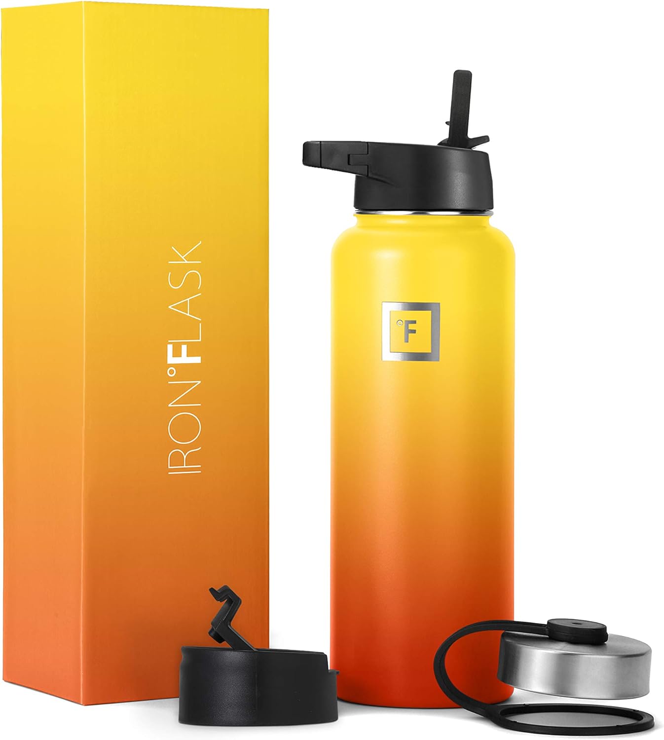 IRON FLASK Botella de agua deportiva de 18 onzas, 3 tapas (tapa con popote), a prueba de fugas, acero inoxidable, para gimnasio y deportes, para