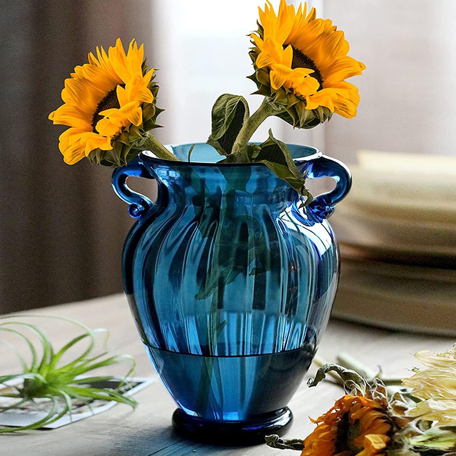 Lujoso florero de cristal azul para centro de mesa, florero de vidrio tintado transparente de alta calidad con asa, arreglo floral creativo de