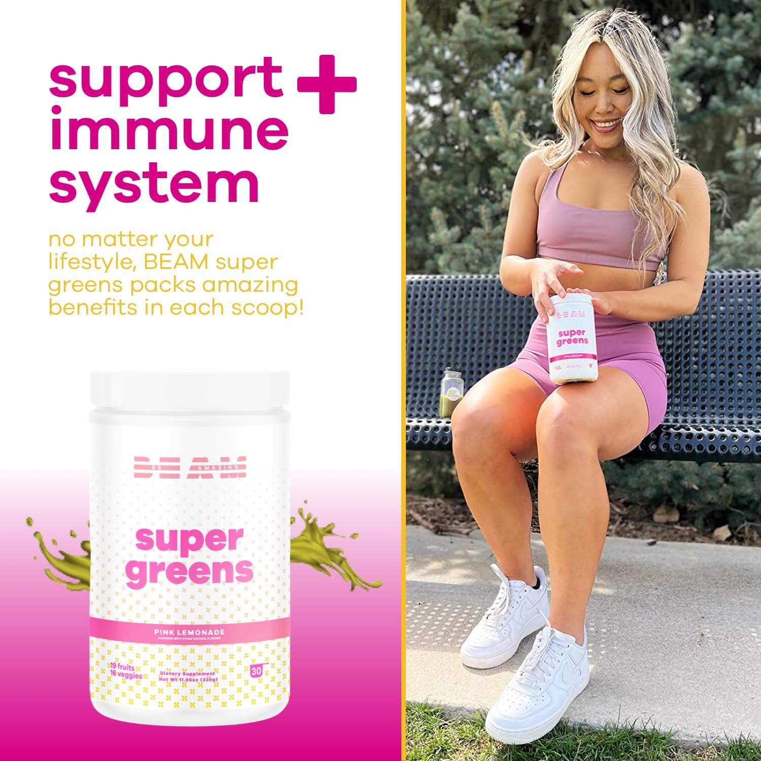 BEAM be Amazing Super Greens – Polvo con prebióticos, enzimas digestivas y antioxidantes  Suplementos energéticos, 18 frutas y 8 verduras  Mezcla de