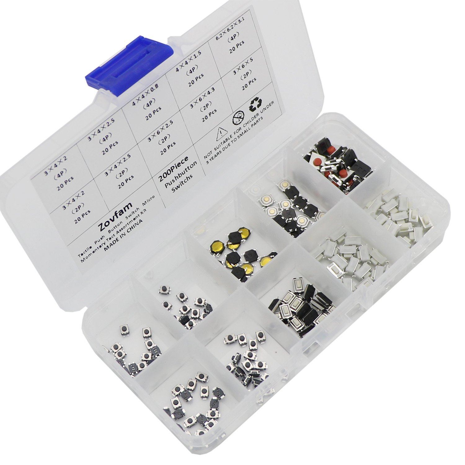 Juego surtido de 200 piezas de 10 botones táctiles de valor micro momentáneo