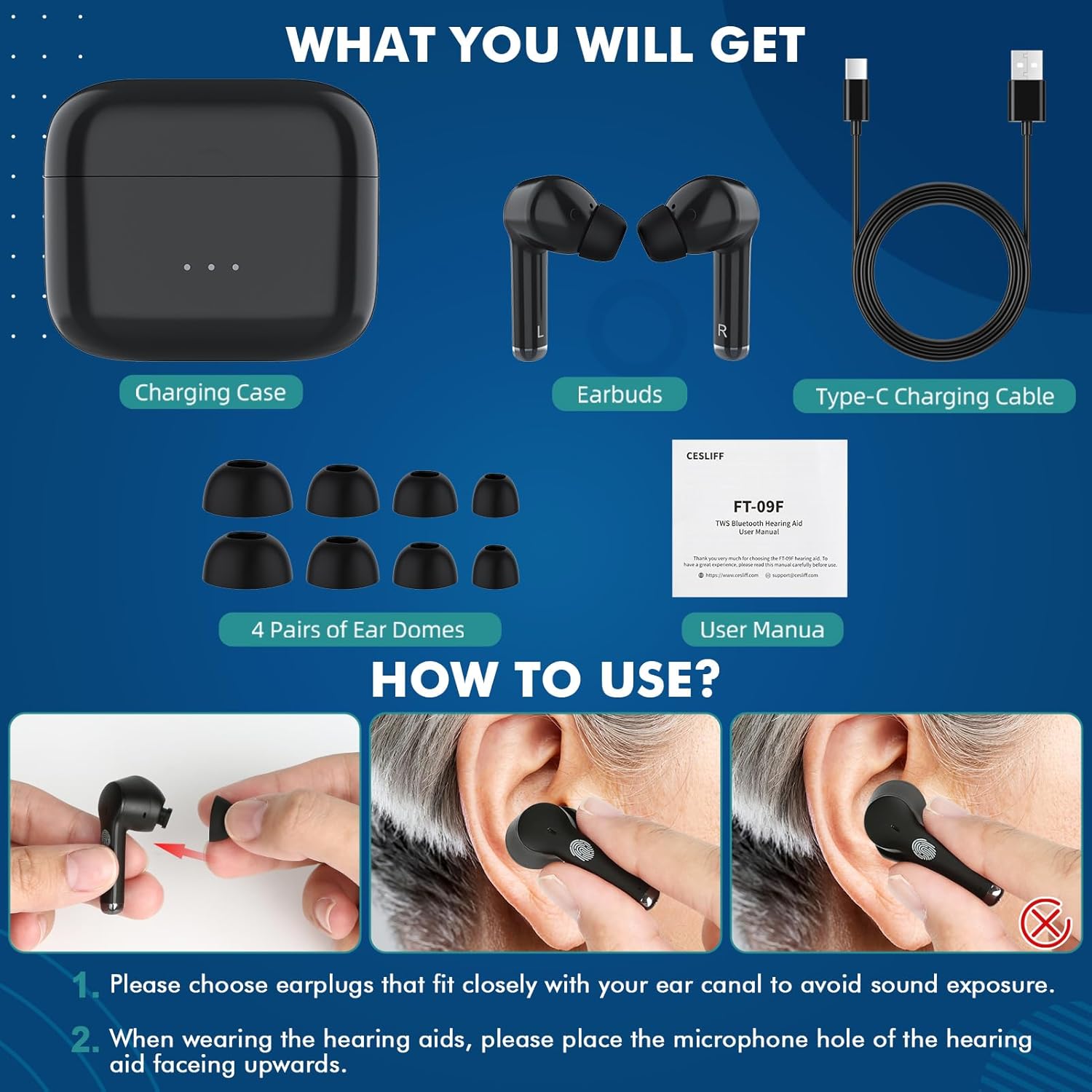Audífonos Bluetooth, amplificadores auditivos digitales 2 en 1 para adultos mayores, auriculares recargables con cancelación de ruido, 3 modos, 5