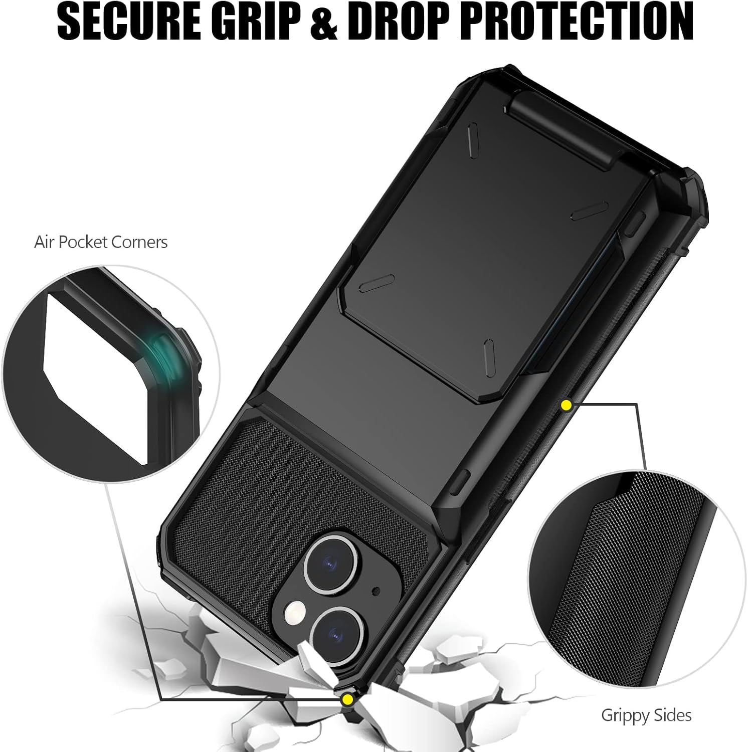 Nvollnoe Funda compatible con iPhone 15 con tarjetero almacena 5 tarjetas Funda de doble capa resistente a prueba de golpes con ranura oculta para