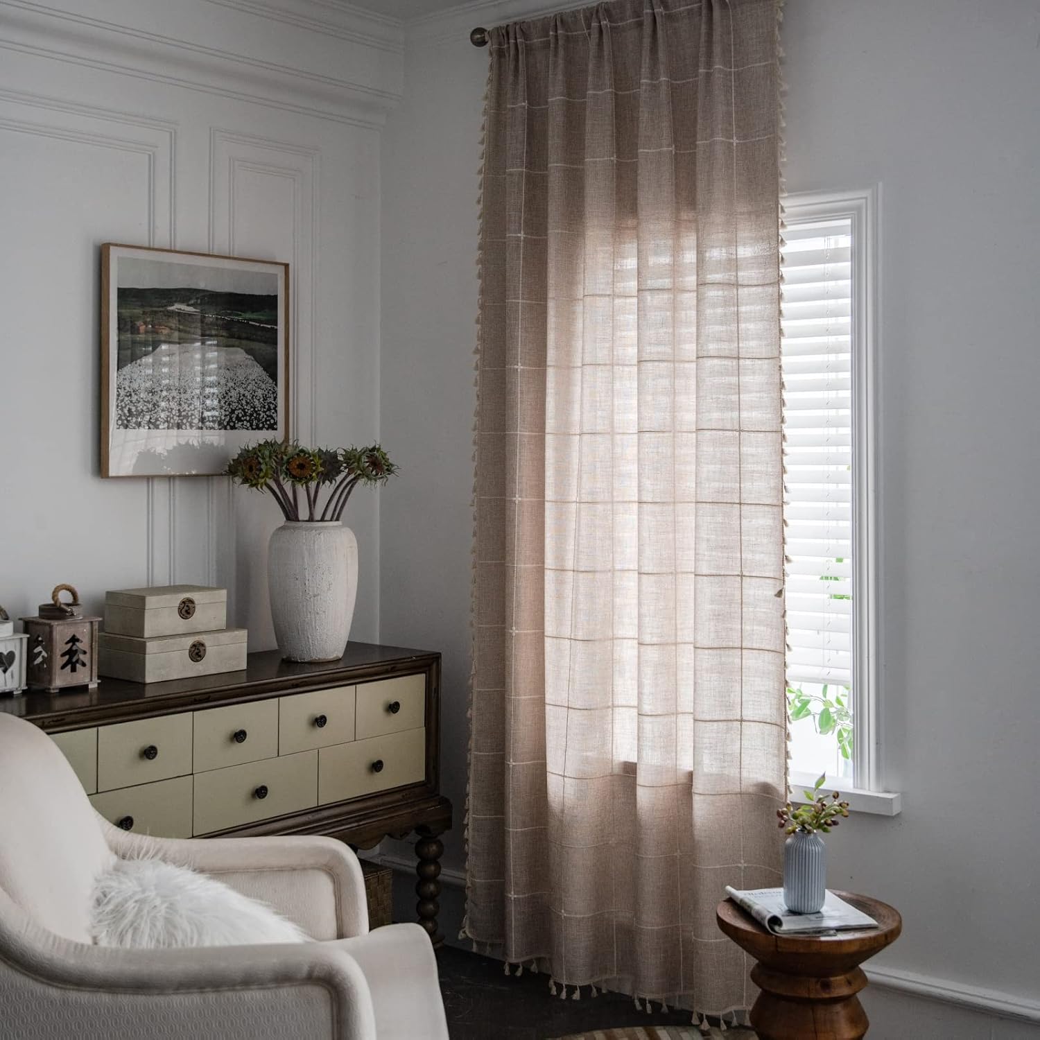 1 panel de cortinas bohemias de 63 pulgadas de ancho x 63 pulgadas de largo, de lino y algodón, para dormitorio, cortinas semiopacas con bordados de