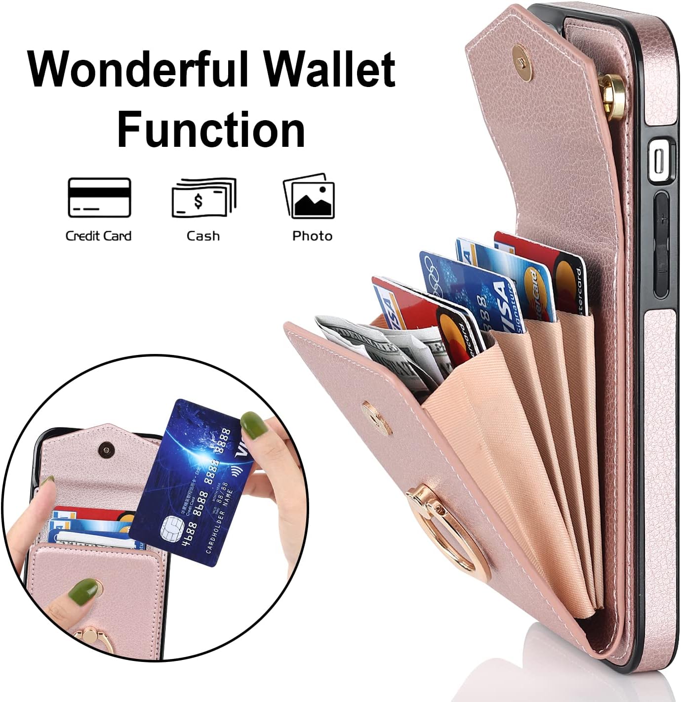 Asuwish Funda tipo cartera compatible con iPhone 15 Plus de 6.7 pulgadas, protector de pantalla y anillo de bloqueo RFID, funda para teléfono