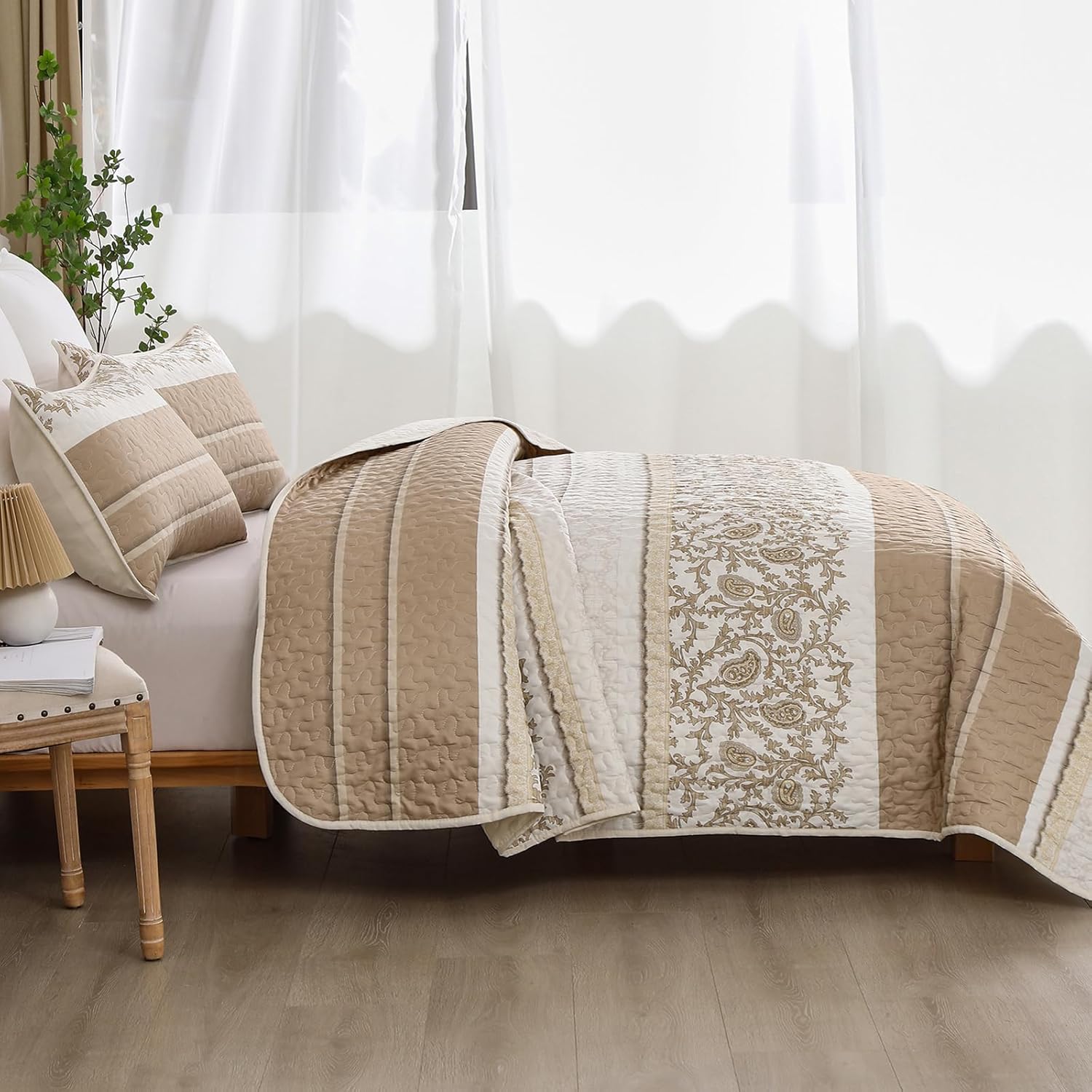 Juego de edredón marrón tamaño Queen, colcha reversible de 3 piezas de cachemira caqui, funda de cama de microfibra suave para todas las estaciones
