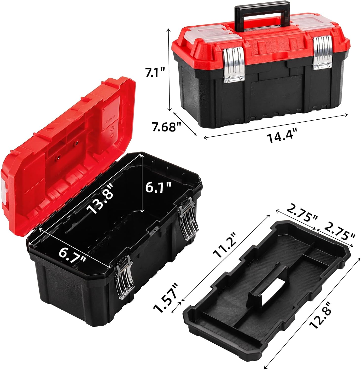 Caja de herramientas de 14 pulgadas, organizador de almacenamiento de plástico de dos capas con bandeja extraíble y divisores, caja de herramientas