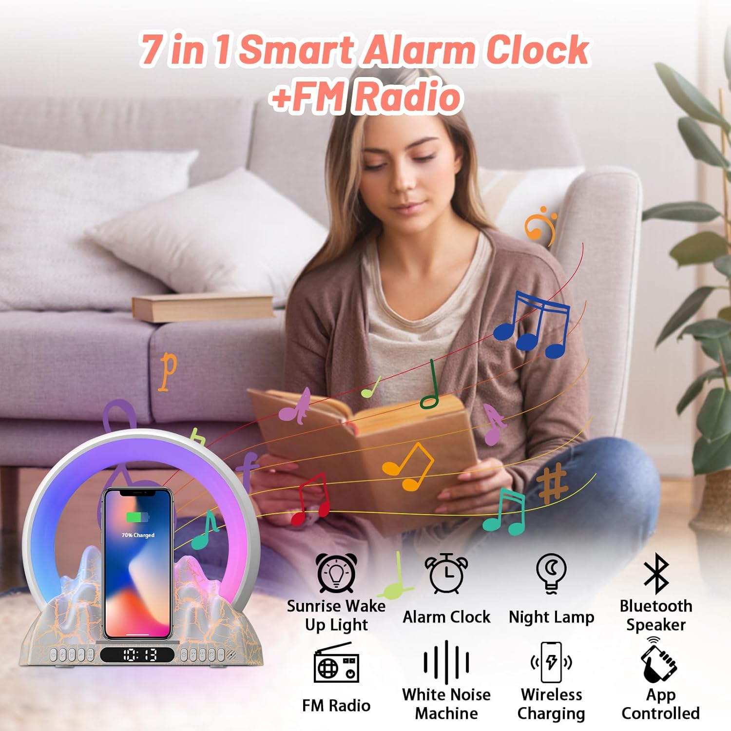 Reloj despertador Sunrise con luz de despertador, reloj despertador de luz inteligente con carga inalámbrica y 16 millones de colores, 10 altavoces