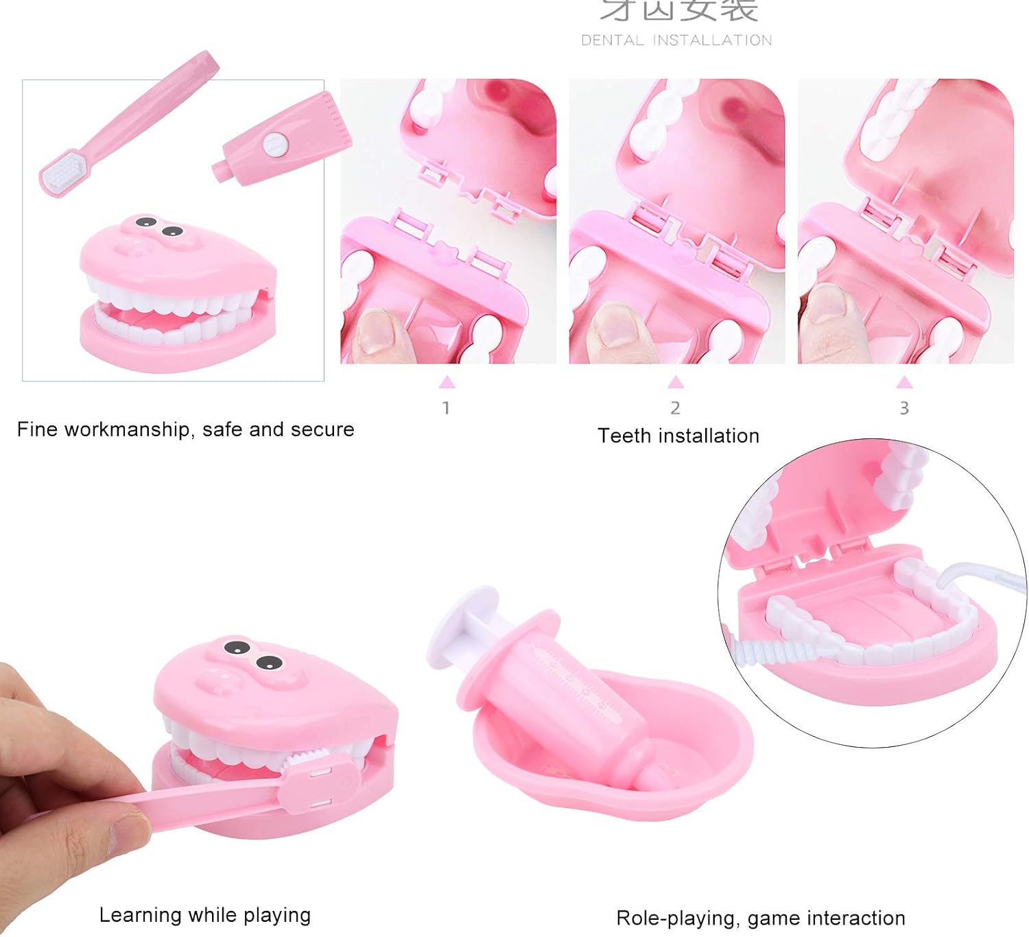 Juego de dientes de juguete, juego de simulación de dentista a cuadros para niños y niñas (rosa)