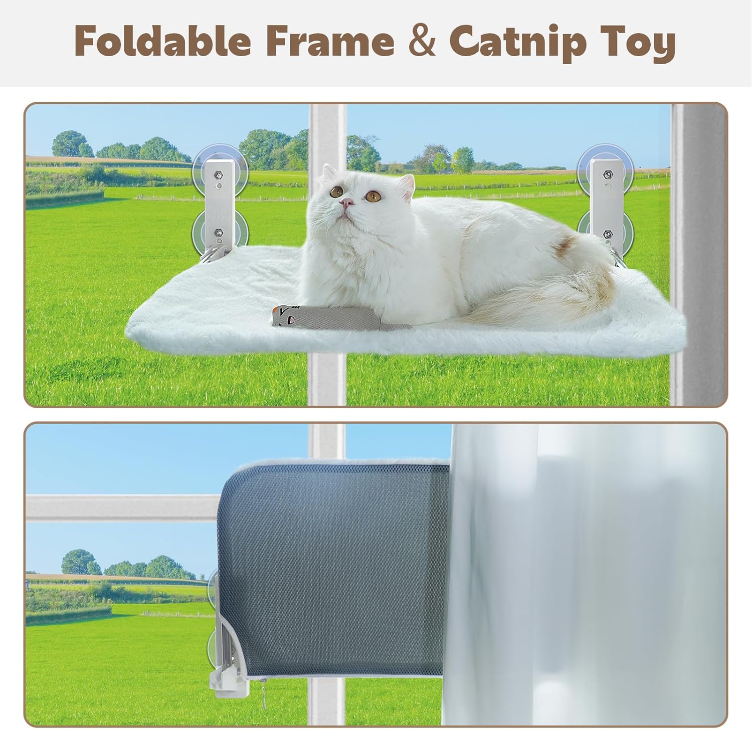 PUPAGREE Percha plegable inalámbrica para ventana de gato, hamaca para ventana y pared, con 4 ventosas, marco de setal resistente para ventanas de