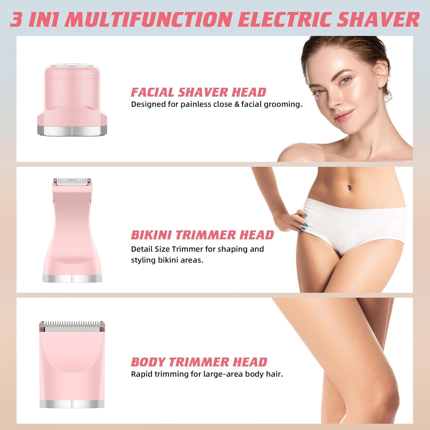 3 in 1 Bikini Trimmer for Women, Painless Facial Hair Removal, Electric Razors for Womens Pubic Hair, Cordless Body Shaver for Face, Underarm, Leg,