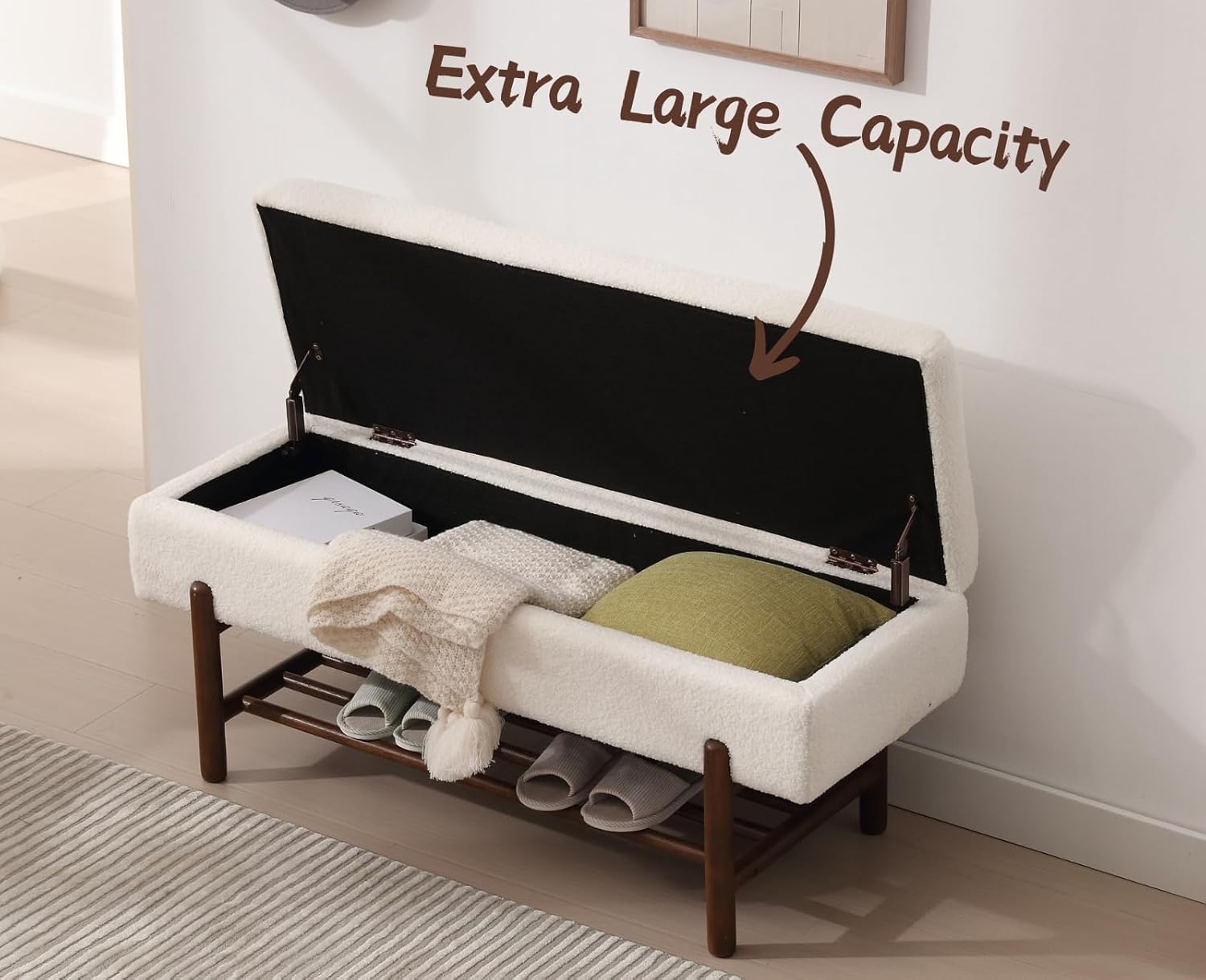 CIMOTA Banco de almacenamiento de entrada para dormitorio, banco otomano de sherpa al final de la cama, con almacenamiento de zapatos de madera para