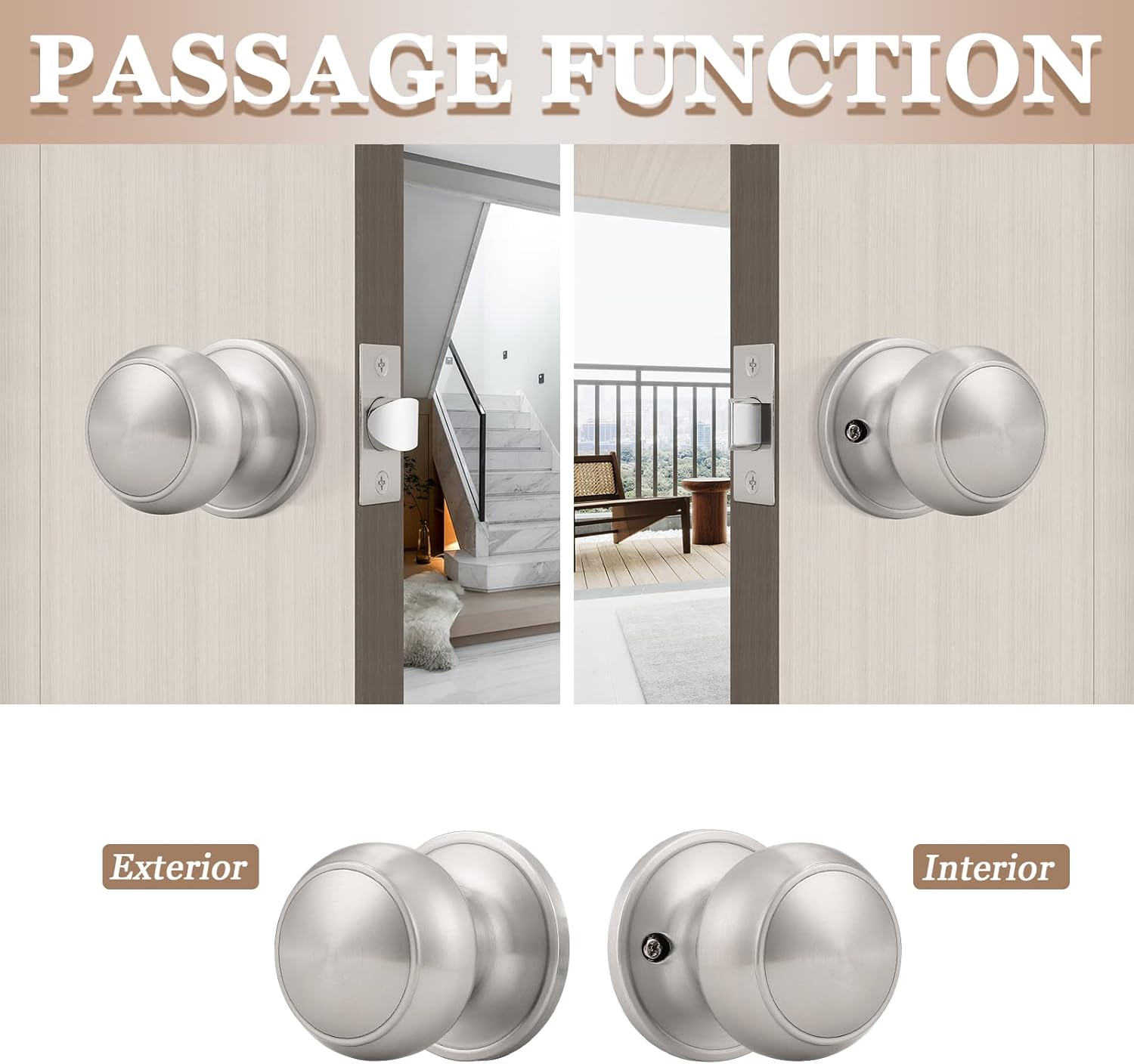 Probrico – Paquete de 2 perillas redondas de paso (perillas sin cerradura), sin llave, cerradura de puerta interiorexterior, perillas de paso para