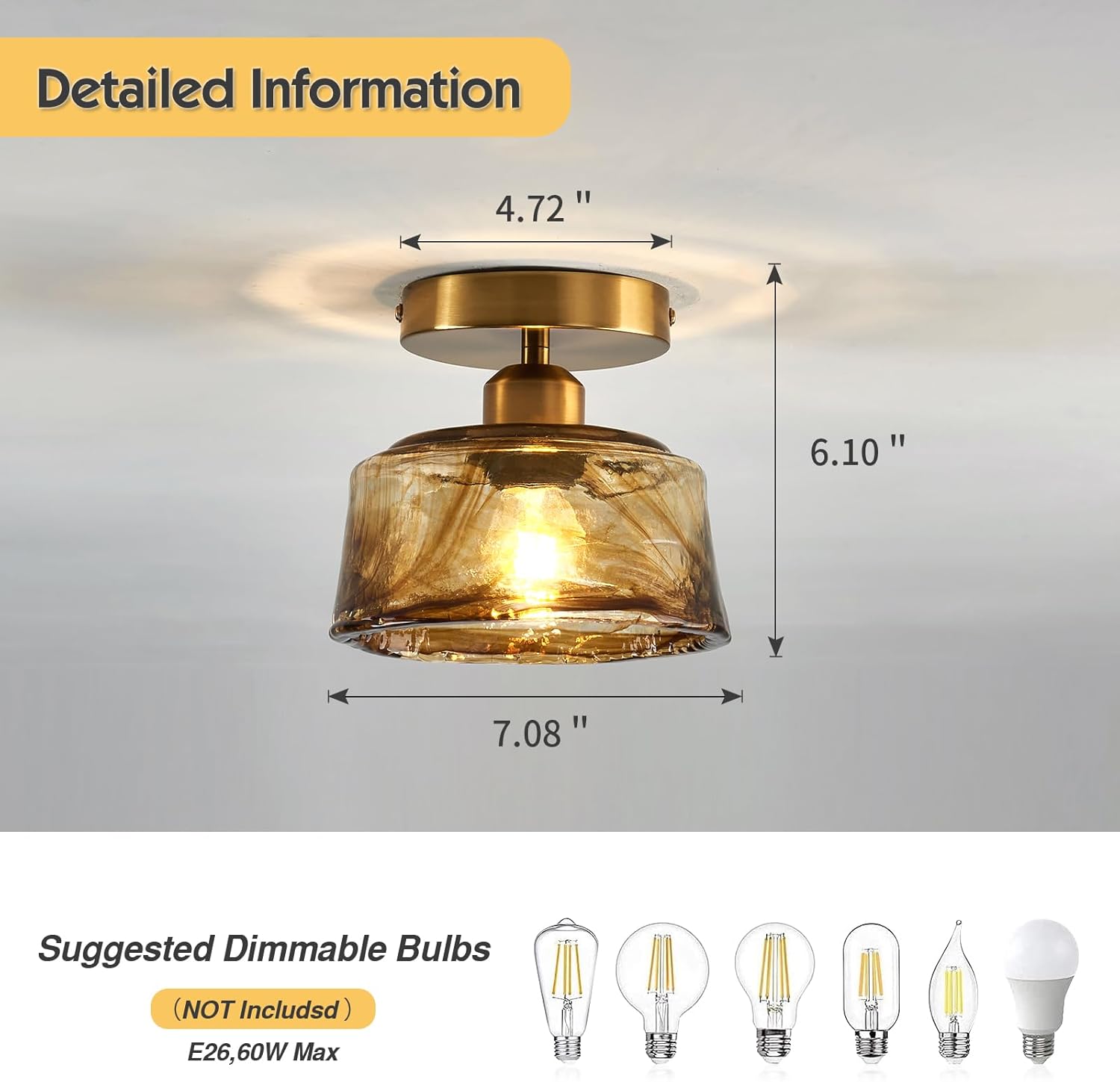 CVKASH Lámpara de techo de latón de montaje semiempotrado, pequeña y moderna lámpara de cristal ámbar dorado para casa de campo, iluminación de