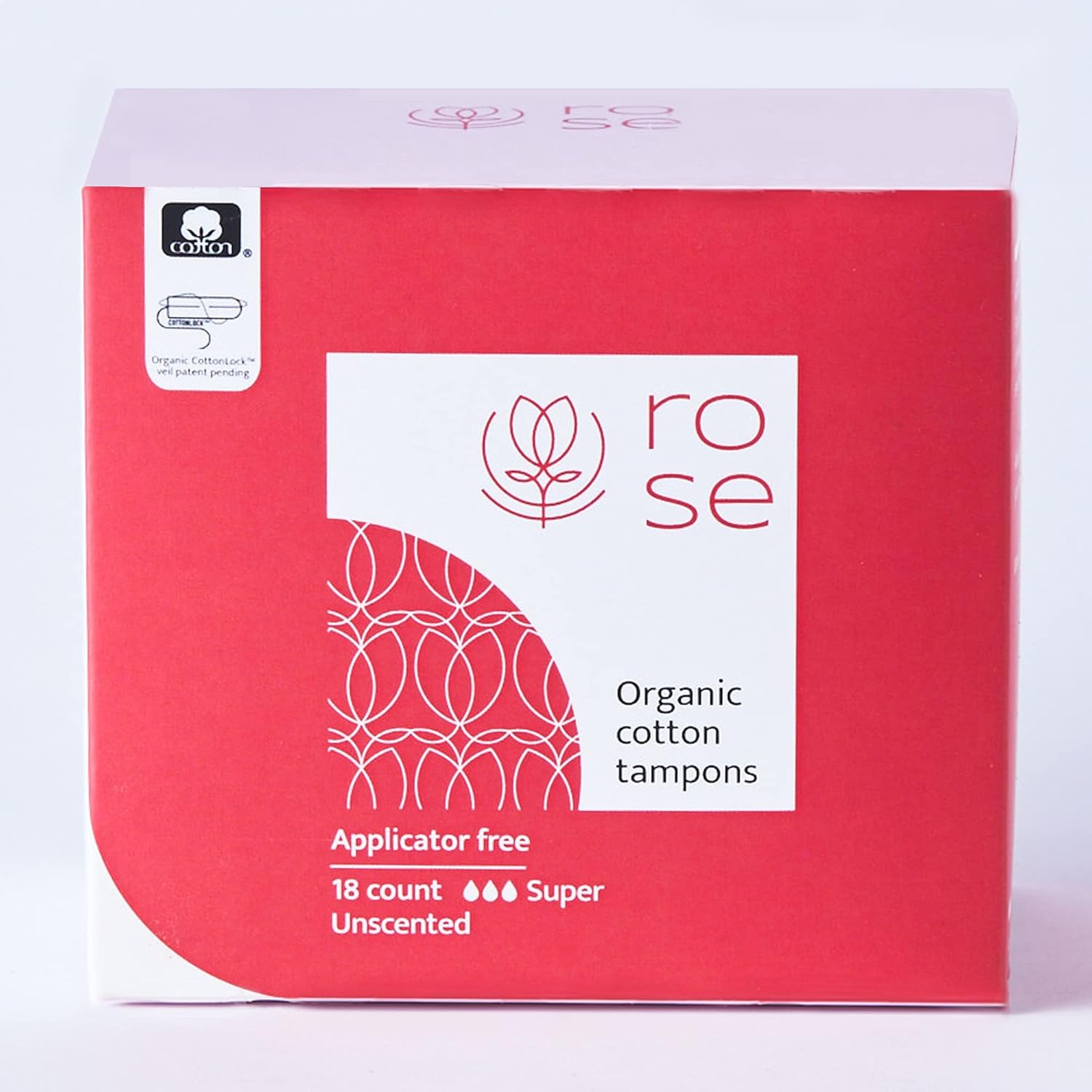 ROSE Tampones certificados de algodón orgánico sin aplicador, súper absorción, sistema de patente de velo de seguridad de bloqueo de algodón,