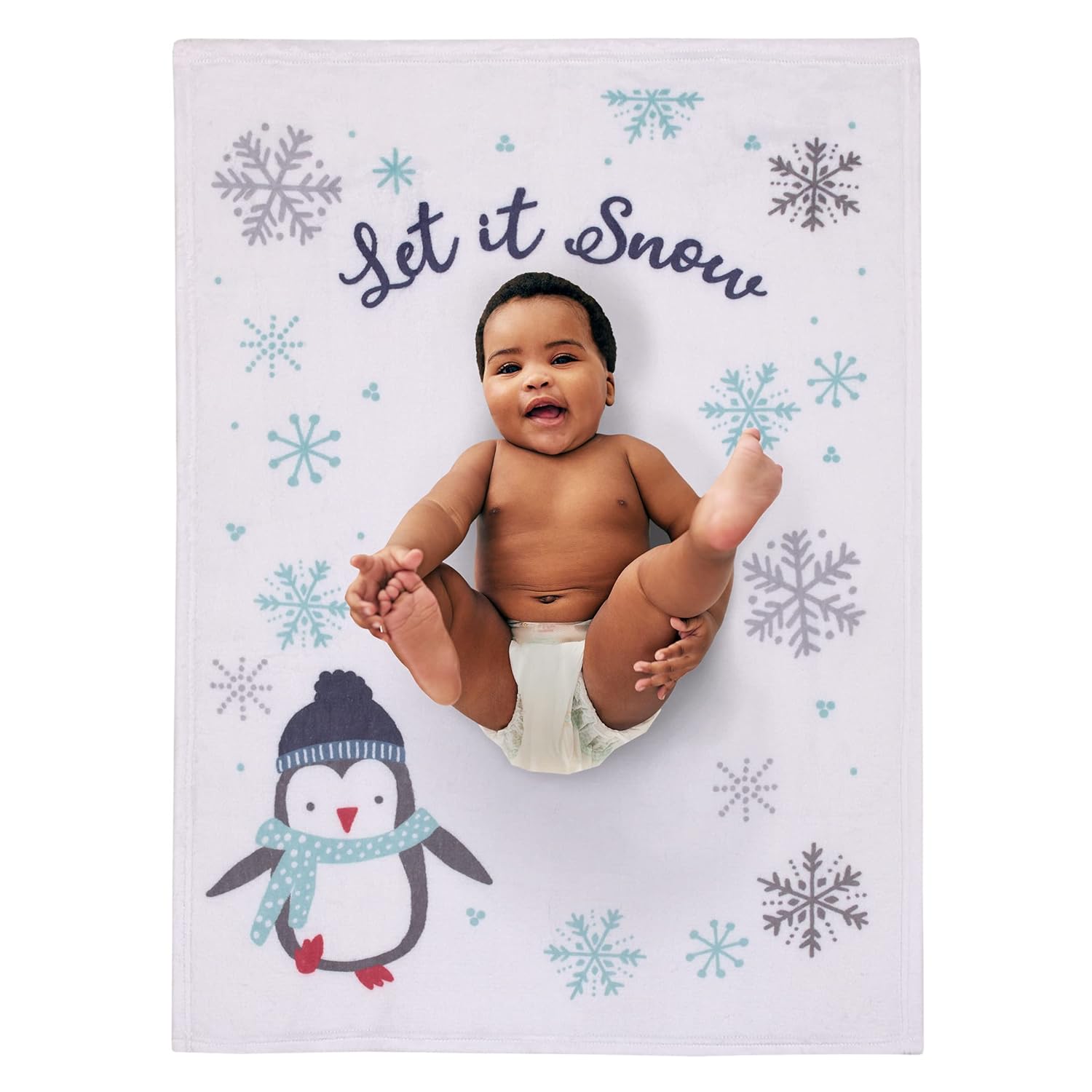 NOJO Manta de bebé súper suave con diseño de pingüino blanco, aguamarina y gris Let it Snow Christmas Photo Op