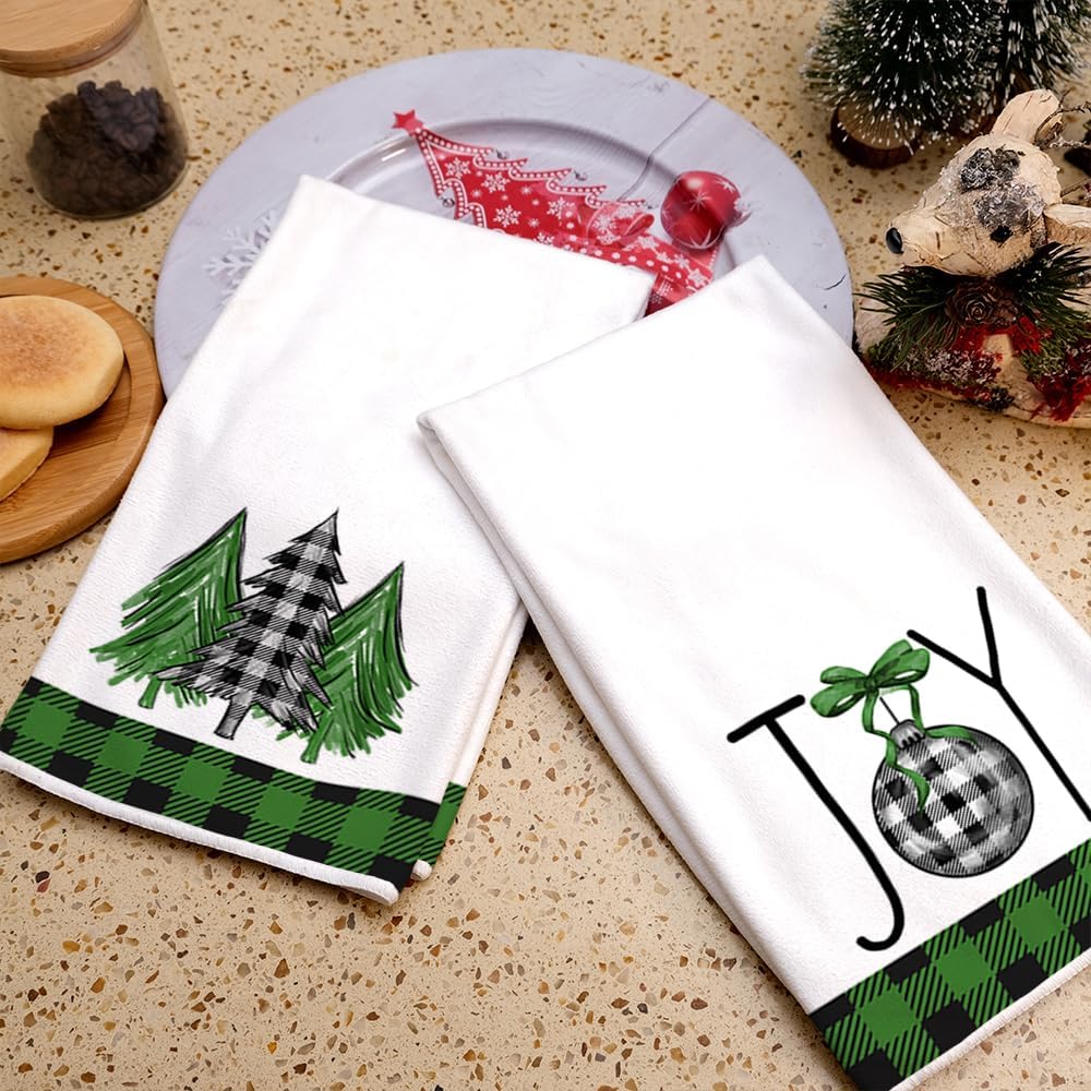 ARKENY AD141 – Juego de 2 paños de cocina de Navidad, diseño de búfalo verde, diseño de árbol de Navidad, 18 x 26 pulgadas, decoración de Noel para