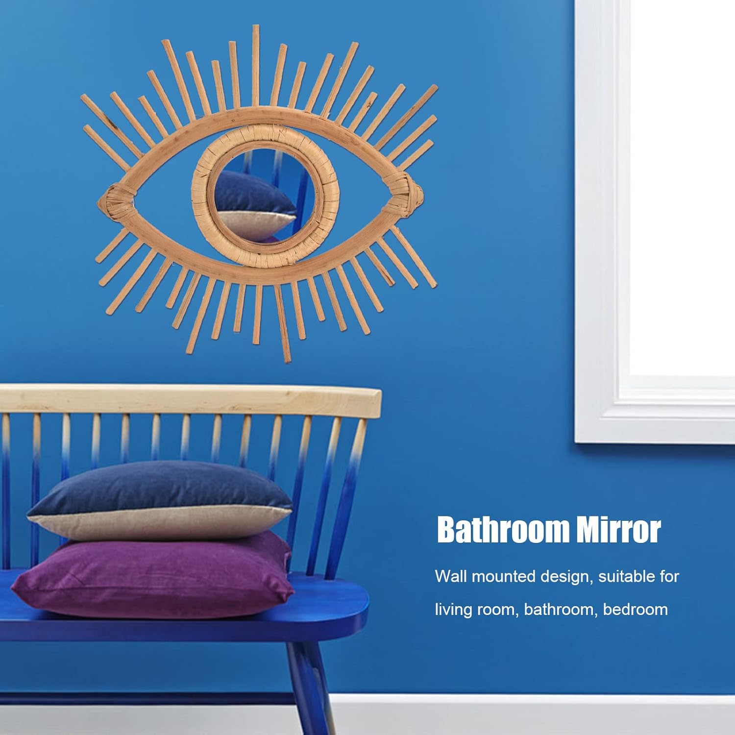 HERCHR Espejo de ratán para decoración de pared, espejos de ratán para pared, espejo bohemio para colgar en la pared, decoración de vidrio colgante