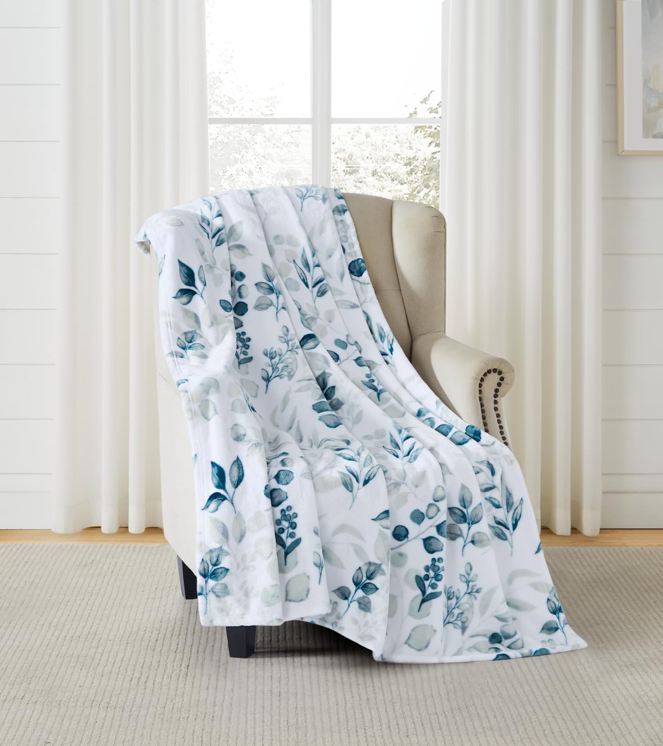 Mantas de forro polar verde con hojas botánicas de acuarela felpa suave con diseño floral de hojas y bayas para sofá, silla, cama, verde, gris,