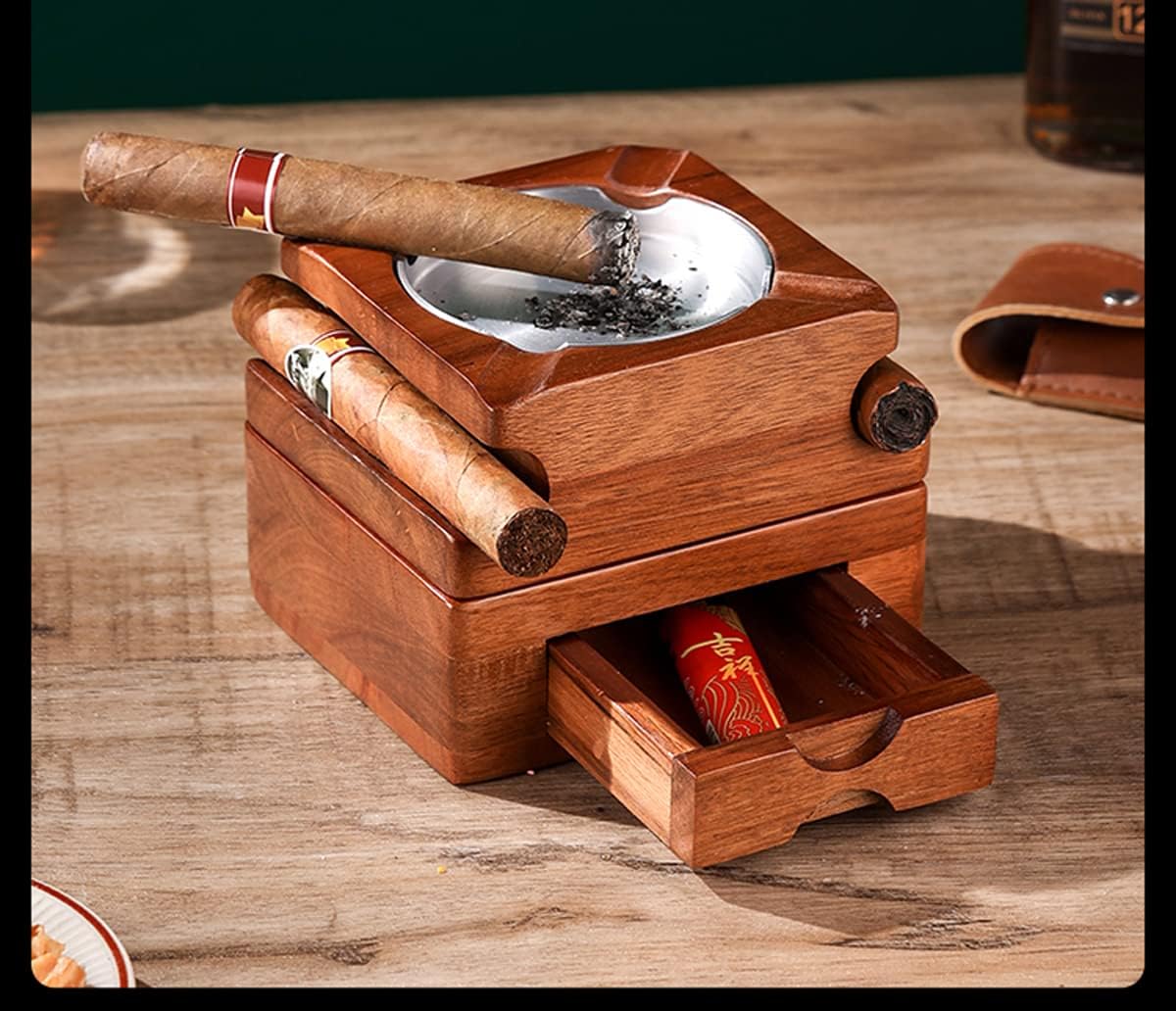 Cenicero de cigarros de regalo Cenicero de madera con bandeja de vidrio para whisky, bandeja de ceniza de madera, forro interior de acero inoxidable