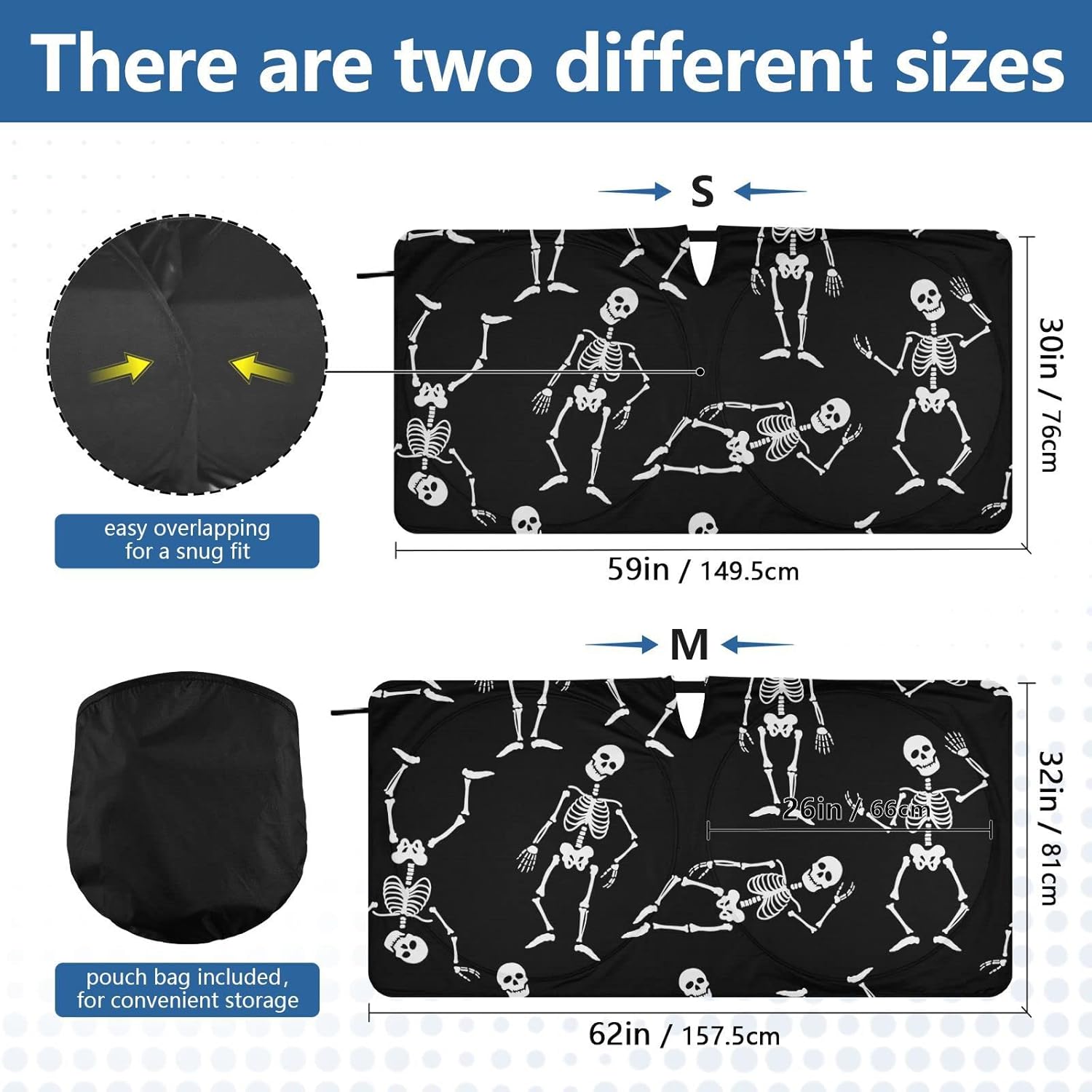ALAZA Foldable Car Windshield Sun Shade for Car Window – Skull Skeleton on Black Sun Visor Protector, Easy To Use, Fits Windshields of Most