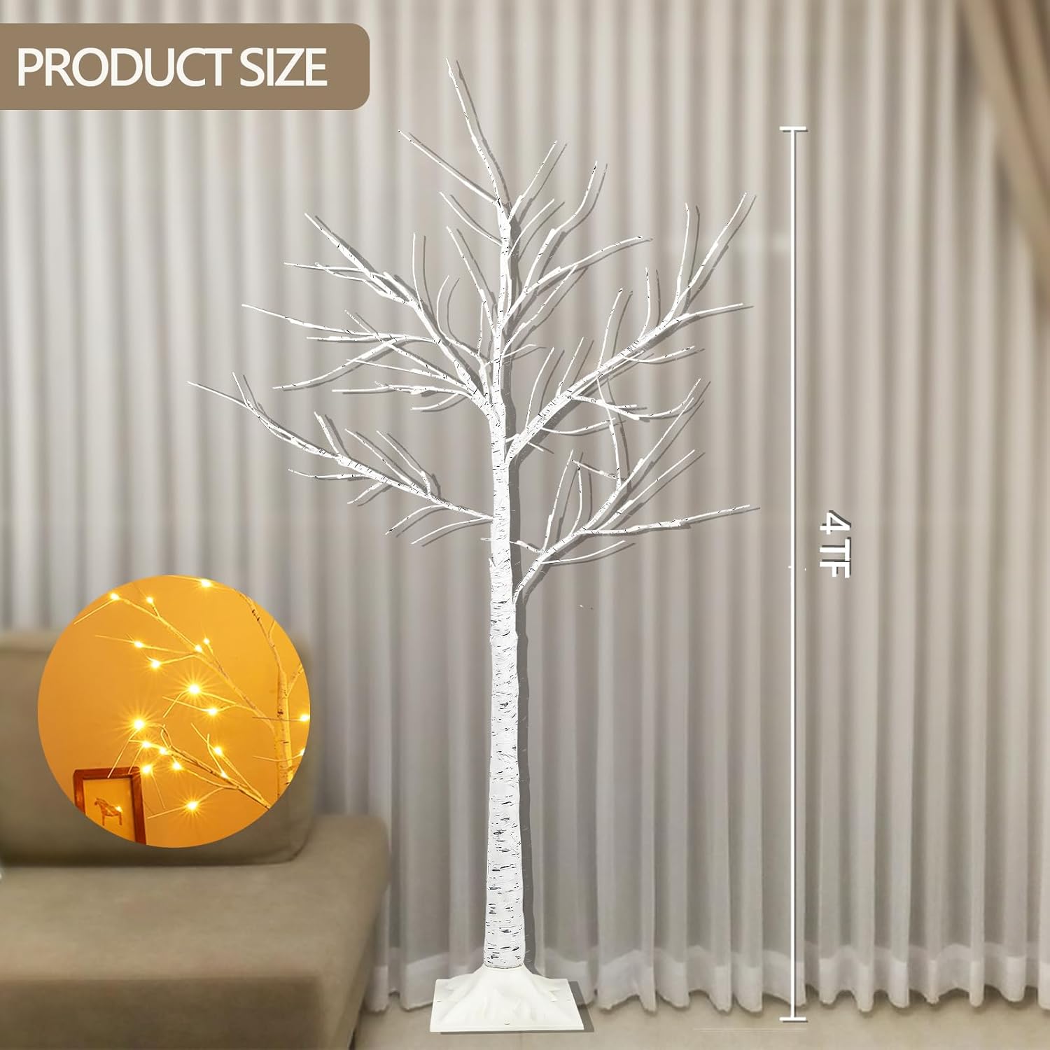 Paquete de 1 árbol de abedul iluminado de 4 pies (tamaño más alto y de pie en el suelo), árbol de Navidad de abedul para interiores y exteriores, 96