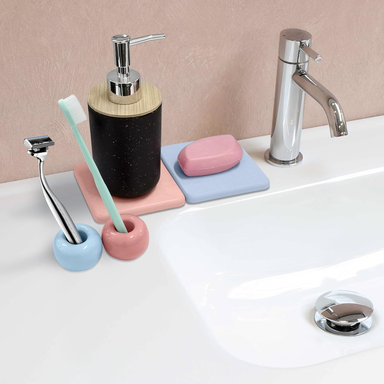 SNAIL GARDEN Mini soportes de cerámica para cepillos de dientes con bandeja, 2 soportes pequeños para cepillos de dientes con 2 bandejas de