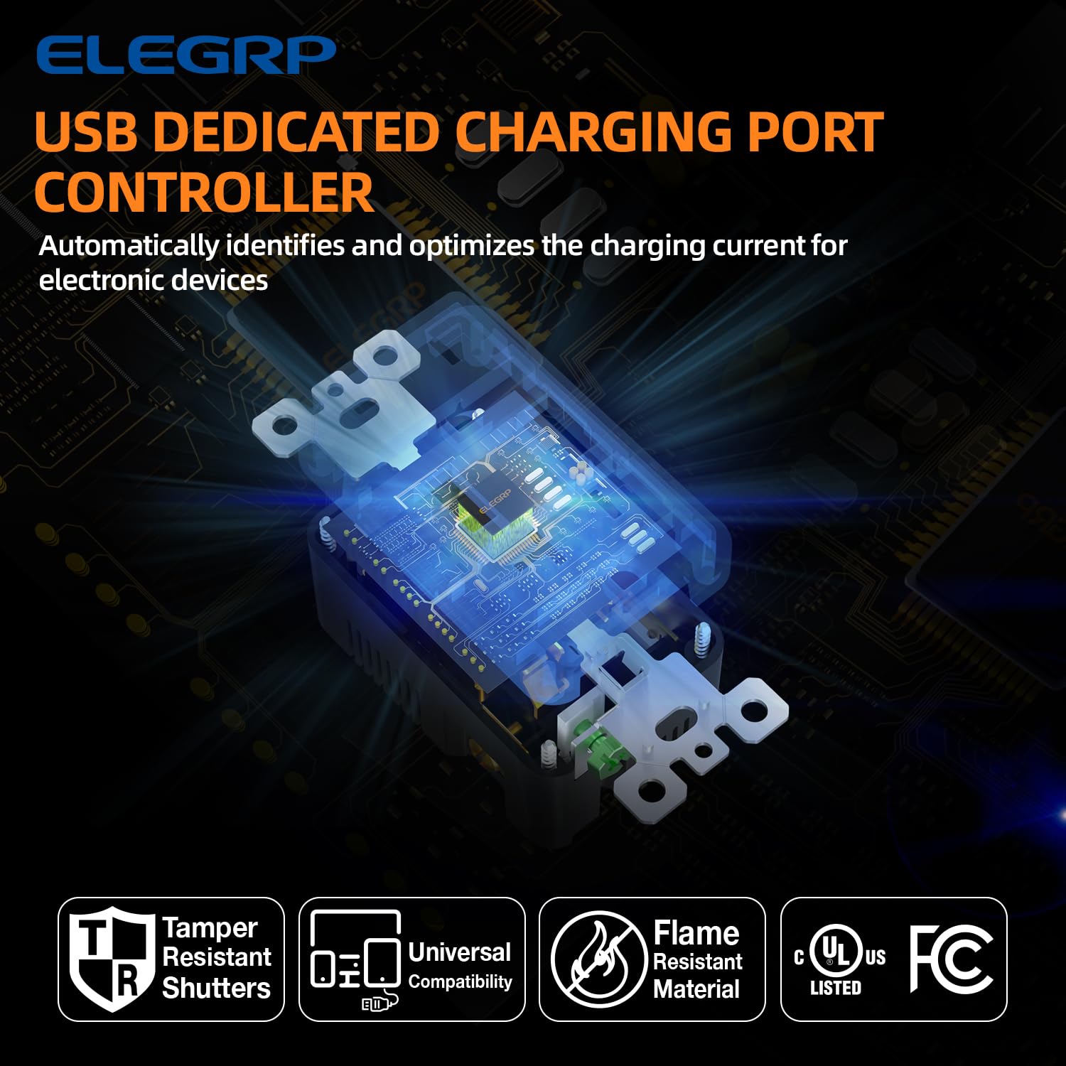 ELEGRP Cargador USB de pared, receptáculo USB con puertos USB tipo A y tipo C, enchufe dúplex de 15 amperios resistente a manipulaciones NEMA 5-15R,
