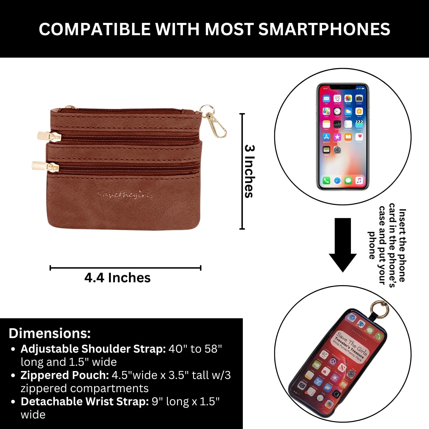 Correa para teléfono Clip & Go – Cadena cruzada para teléfono con bolsa de cartera con cremallera – Soporte para tarjeta de teléfono para monedero