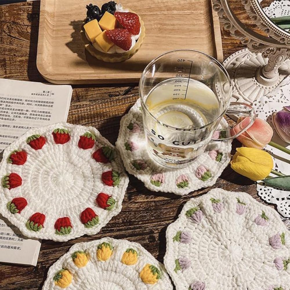 Lindos soportes redondos de algodón tejido de fresa con corazones de fresa, salvamanteles resistentes al calor para tetera, decoración de cocina (5,