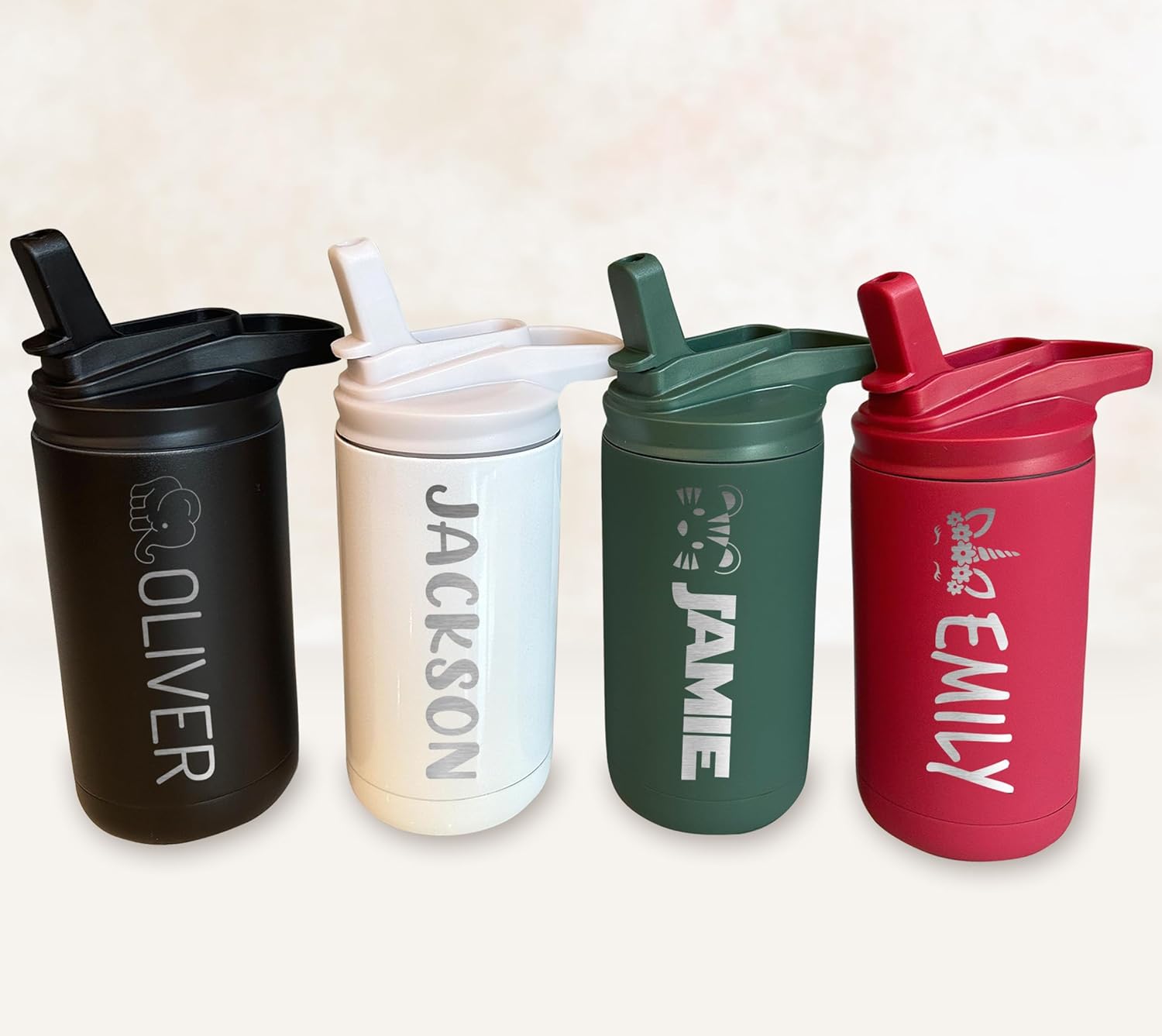 Botella de agua personalizada para niños y niñas, vaso personalizado de acero inoxidable de doble pared de 12 onzas con tapa de popote