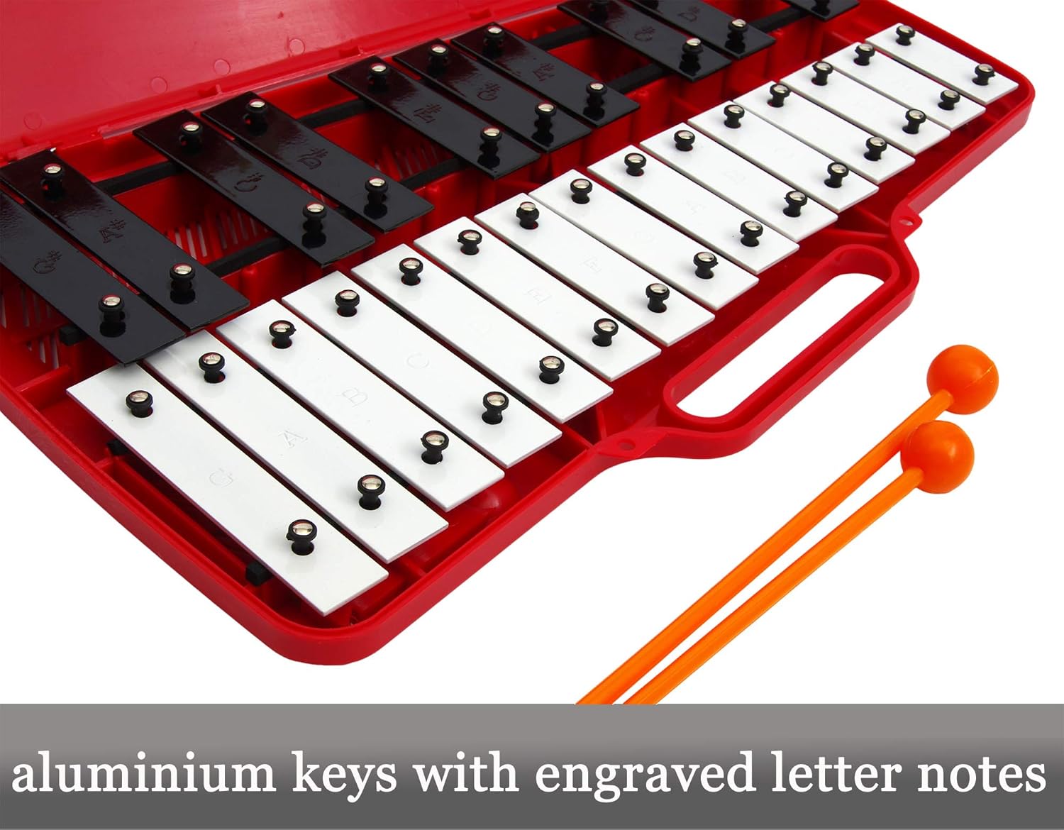 Xylophone 25 Note Chromatic Glockenspiel en una caja de plástico roja – Juegos de tarjetas con 23 canciones codificadas por letras