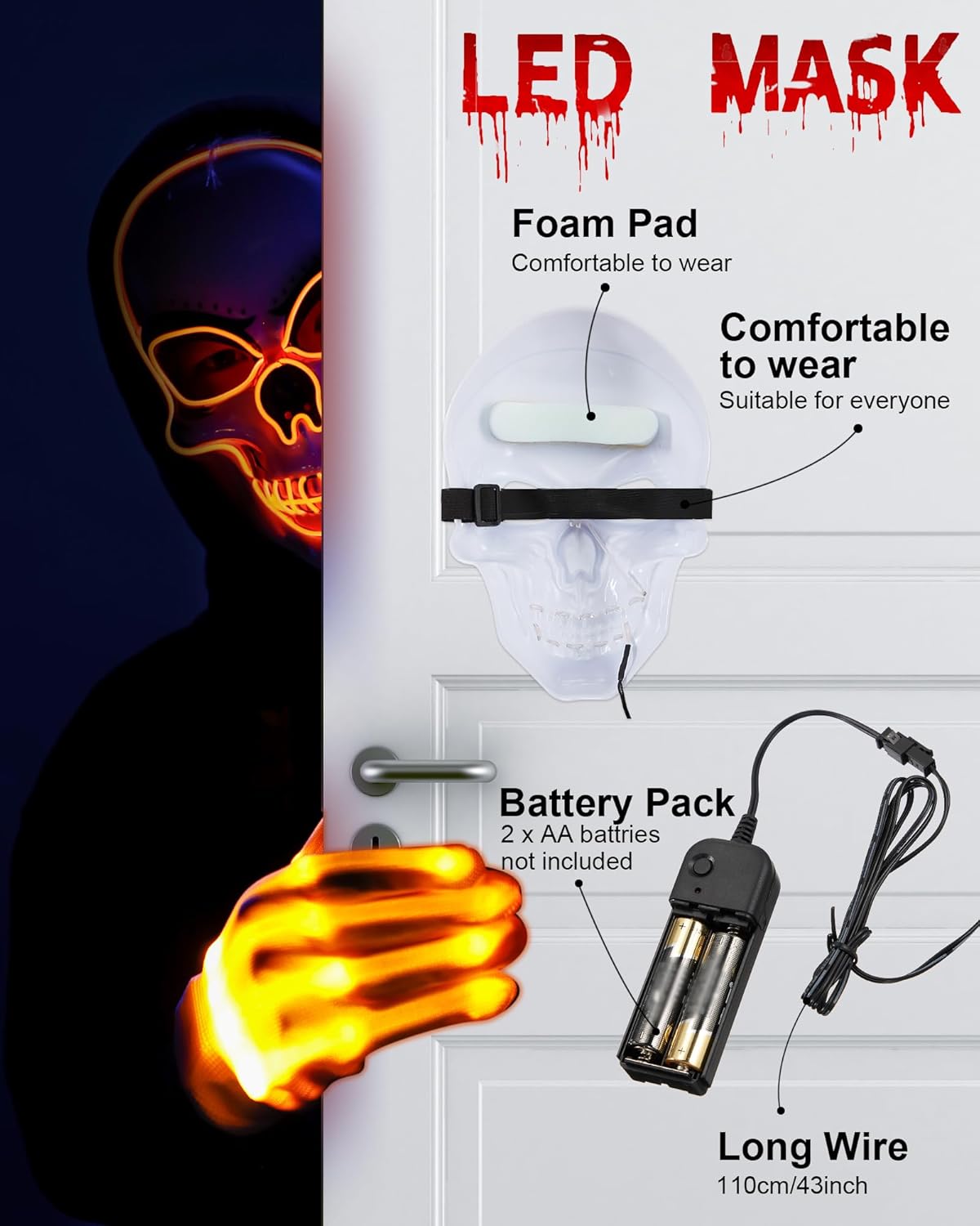 Sumind Máscara de Halloween LED de esqueleto, máscara de hacker de la purga, máscara de miedo que brilla en la oscuridad, máscara para fiesta de
