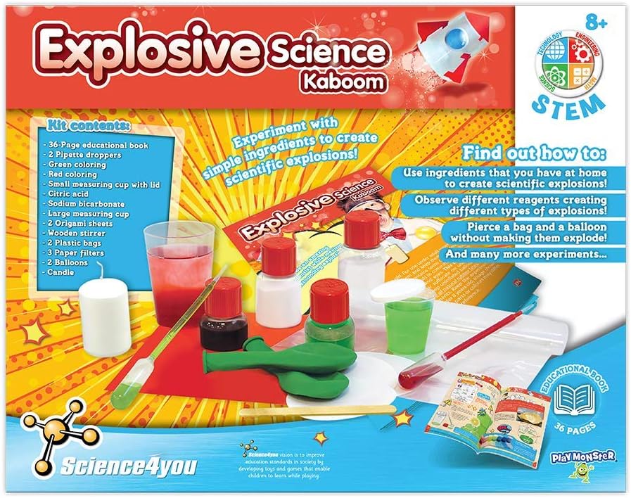 PlayMonster Science4you – Kaboom-Explosive Science – 14 experimentos explosivos sobre química – Diversión y actividad educativa – para niños a