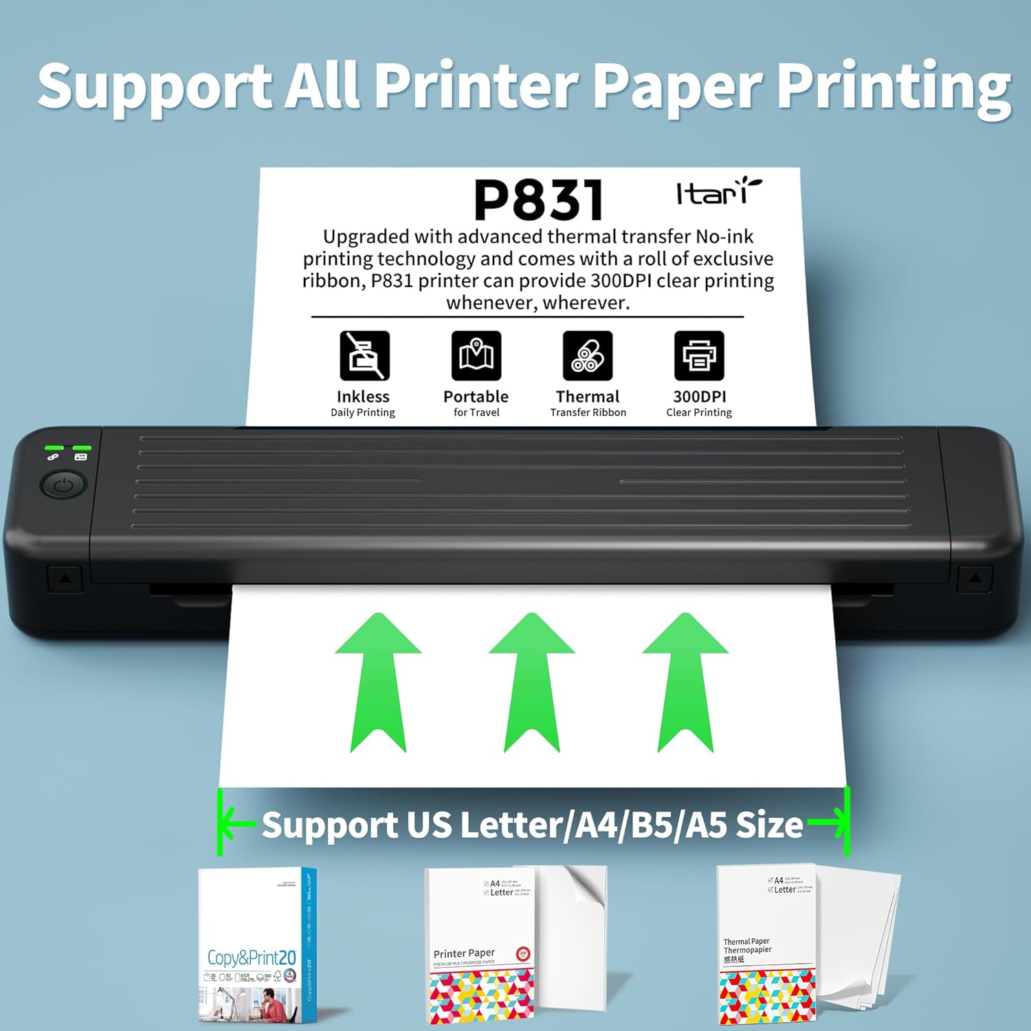 Itari Impresoras portátiles inalámbricas para viajes, M08F Bluetooth impresora térmica A4, 300DPI P831 impresora de transferencia térmica sin tinta