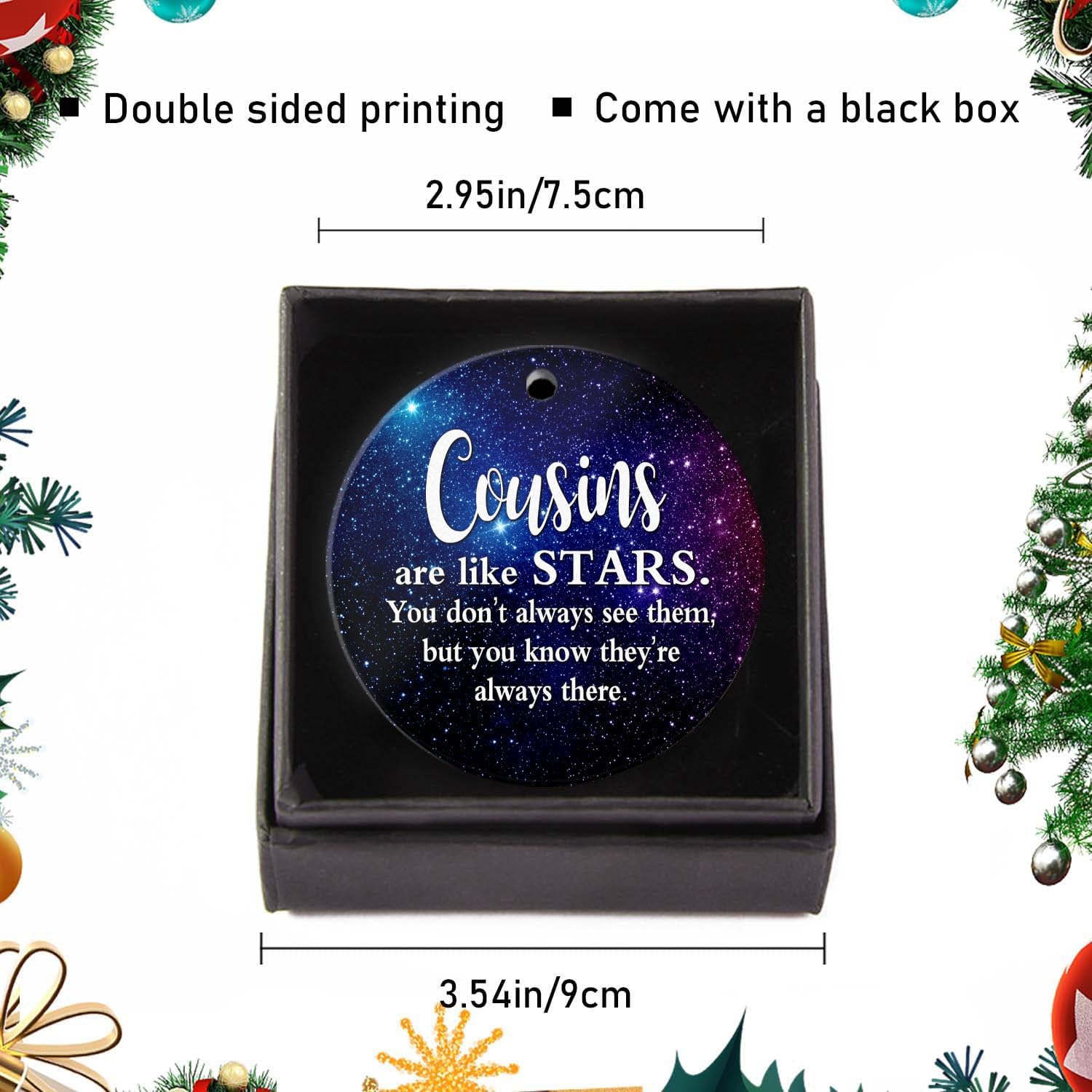 Adorno de Navidad 2023, recuerdo redondo, adorno para árbol de Navidad, 2.95 pulgadas con caja de regalo, los primos son como estrellas, siempre