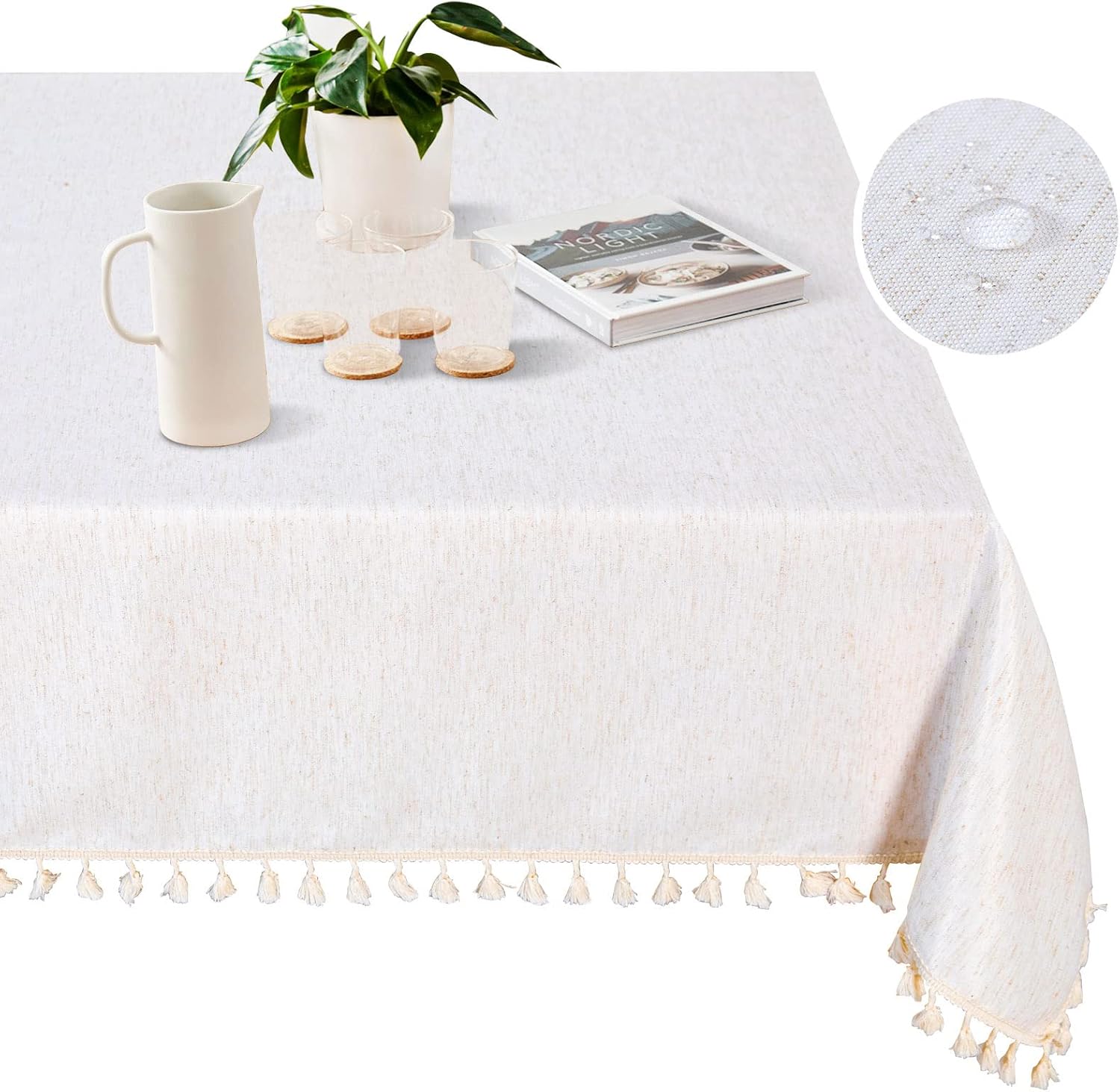 MYSKY HOME Mantel rectangular de 60 x 120 pulgadas, resistente con borlas de algodón y aspecto de lino, mantel de granja, sin arrugas, con borlas